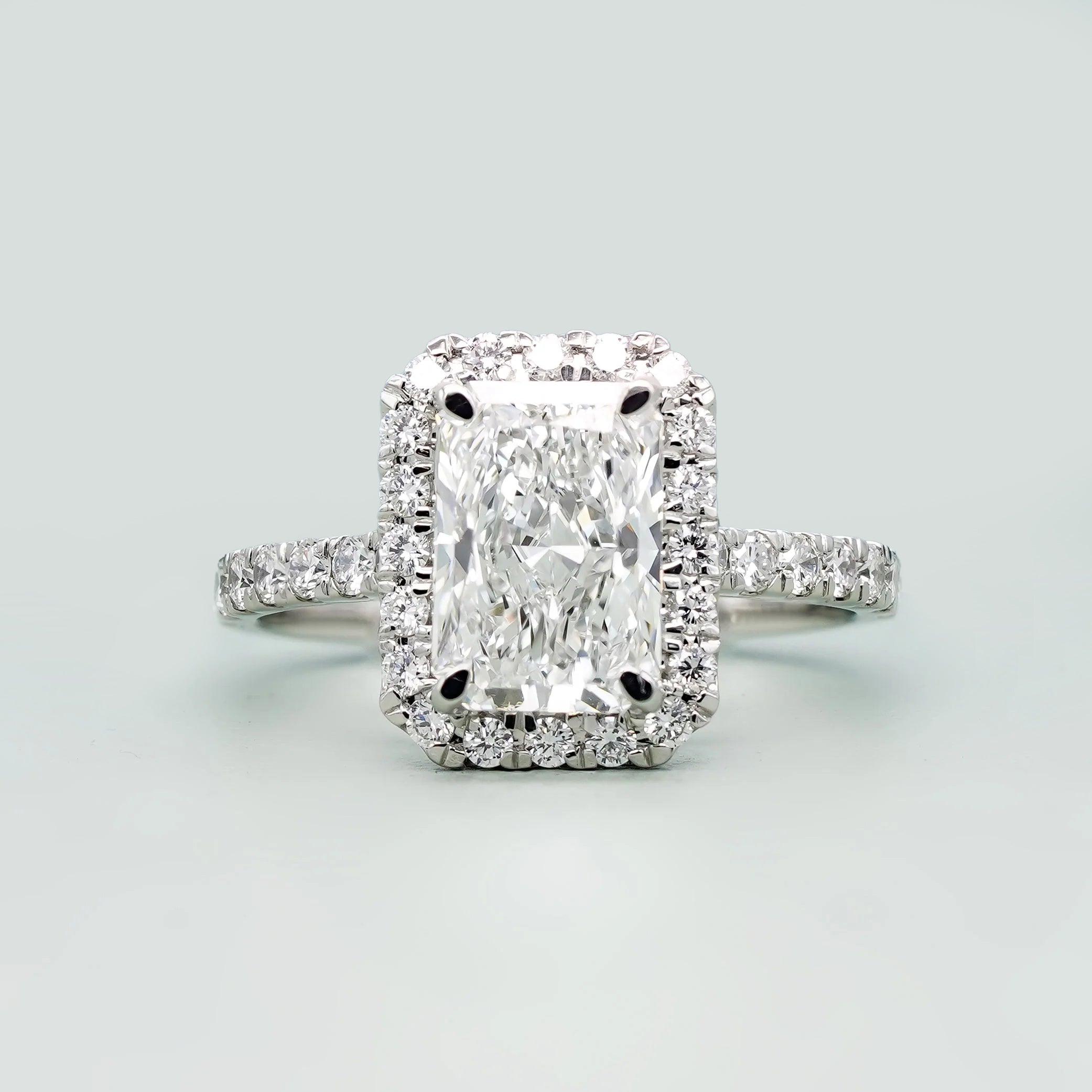 Radiant 2.60tcw Lab Created Diamond Ring | Pavé Halo Cathedral Setting | VVS-VS Clarity | DEF Color | Sustainable Luxury
