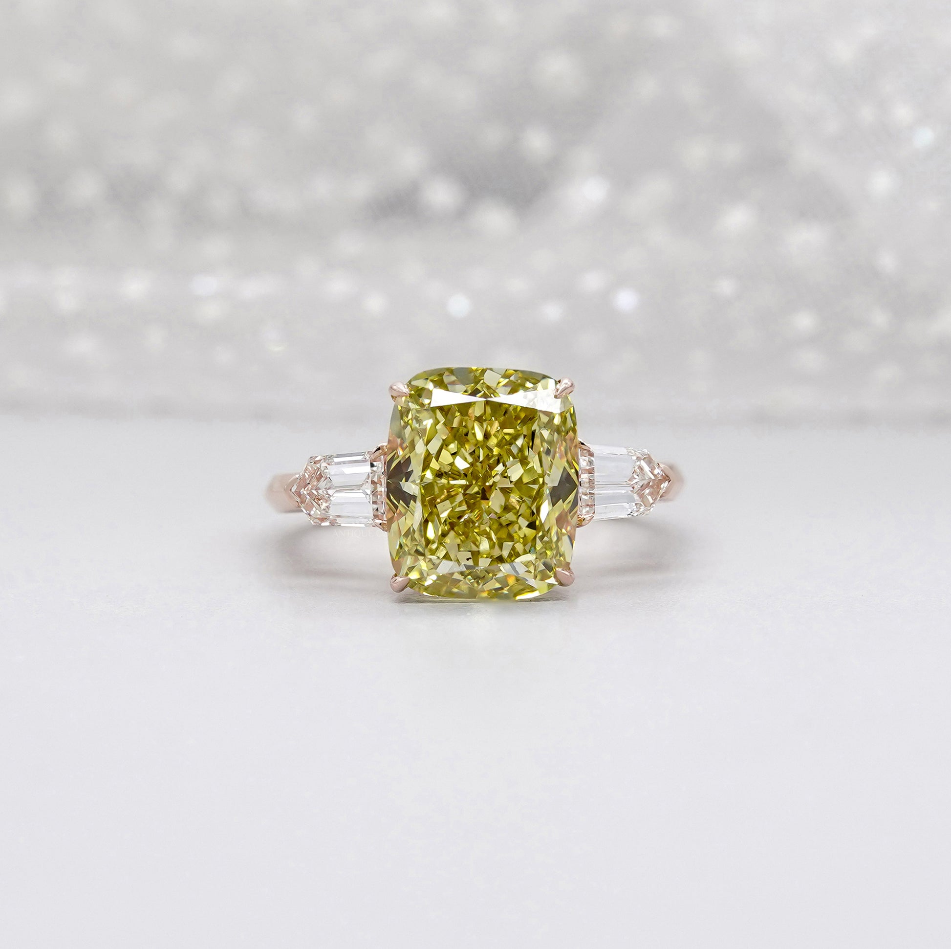 Fancy Yellow 6.50tcw Cushion Cut Lab Diamond Ring | Rose Gold Three-Stone | IGI Certified