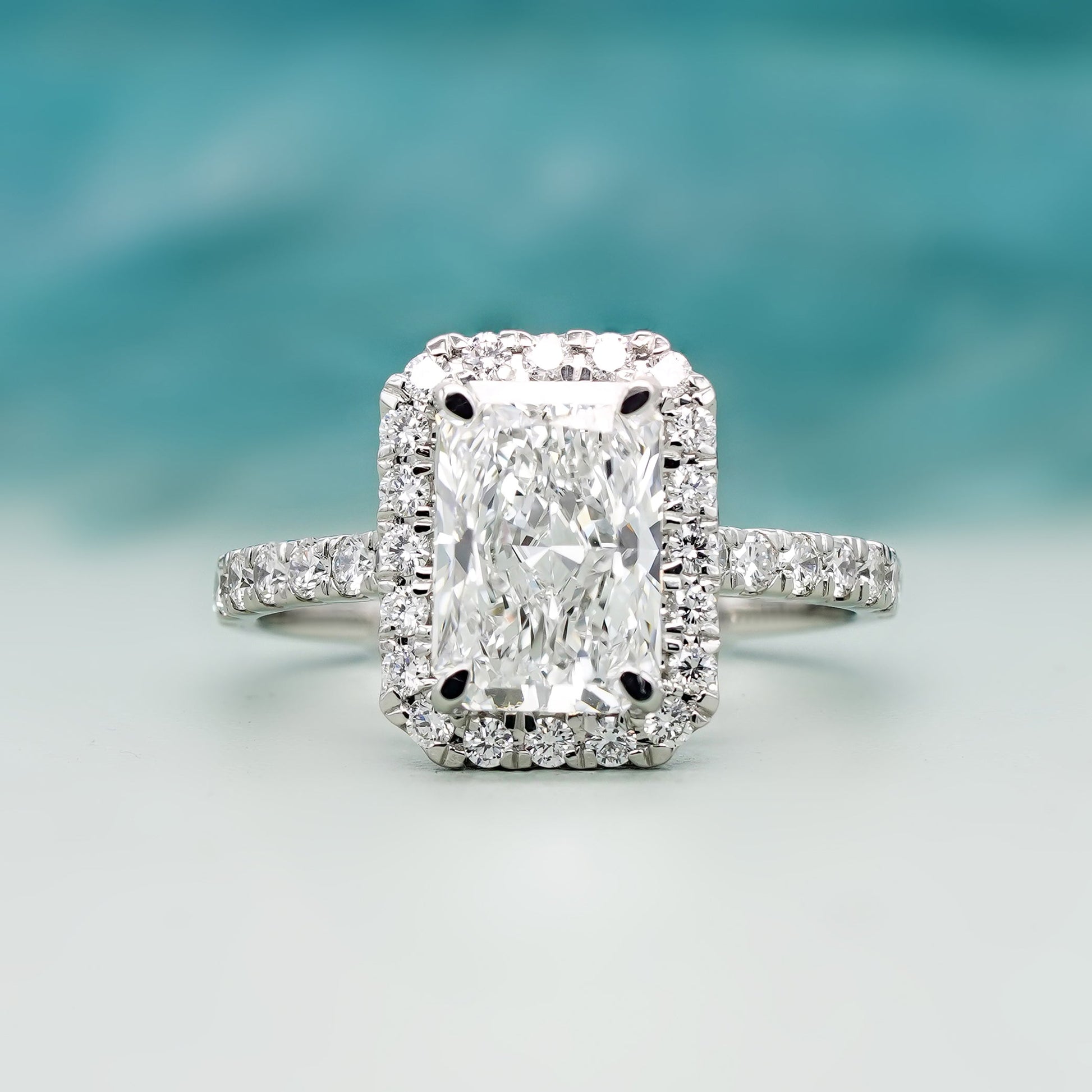 Radiant 2.60tcw Lab Created Diamond Ring | Pavé Halo Cathedral Setting | VVS-VS Clarity | DEF Color | Sustainable Luxury