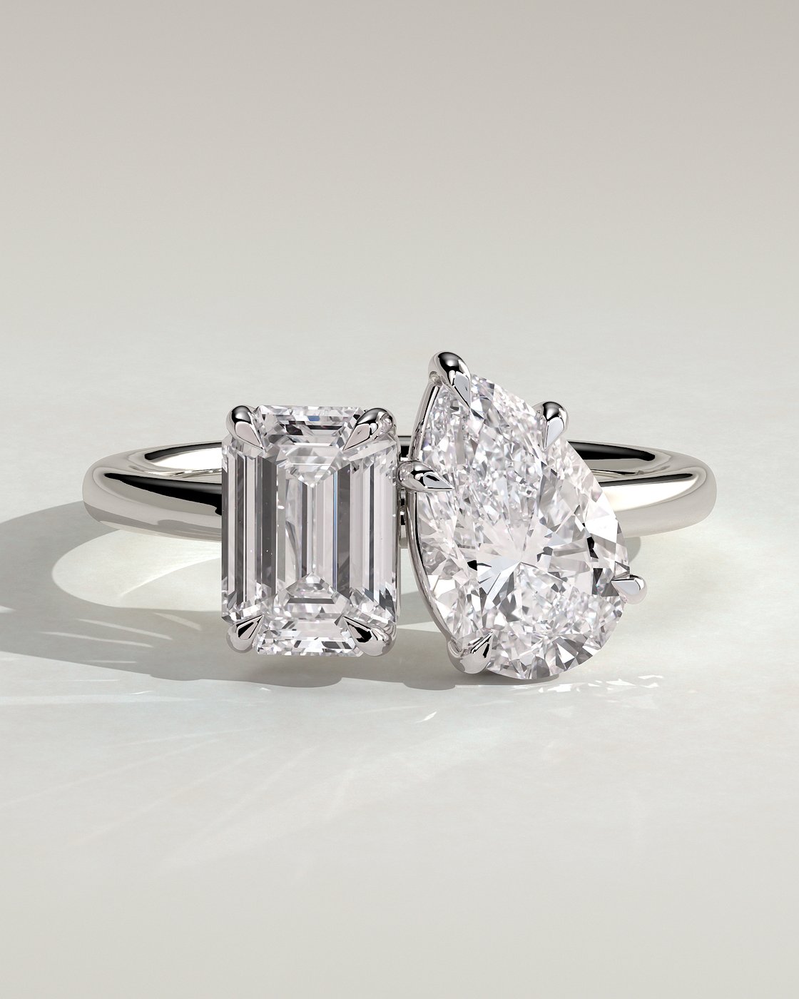 White :: Orinora 1.8ct emerald and 1.5ct pear hidden halo toi et moi lab grown diamond engagement ring IGI certified white gold