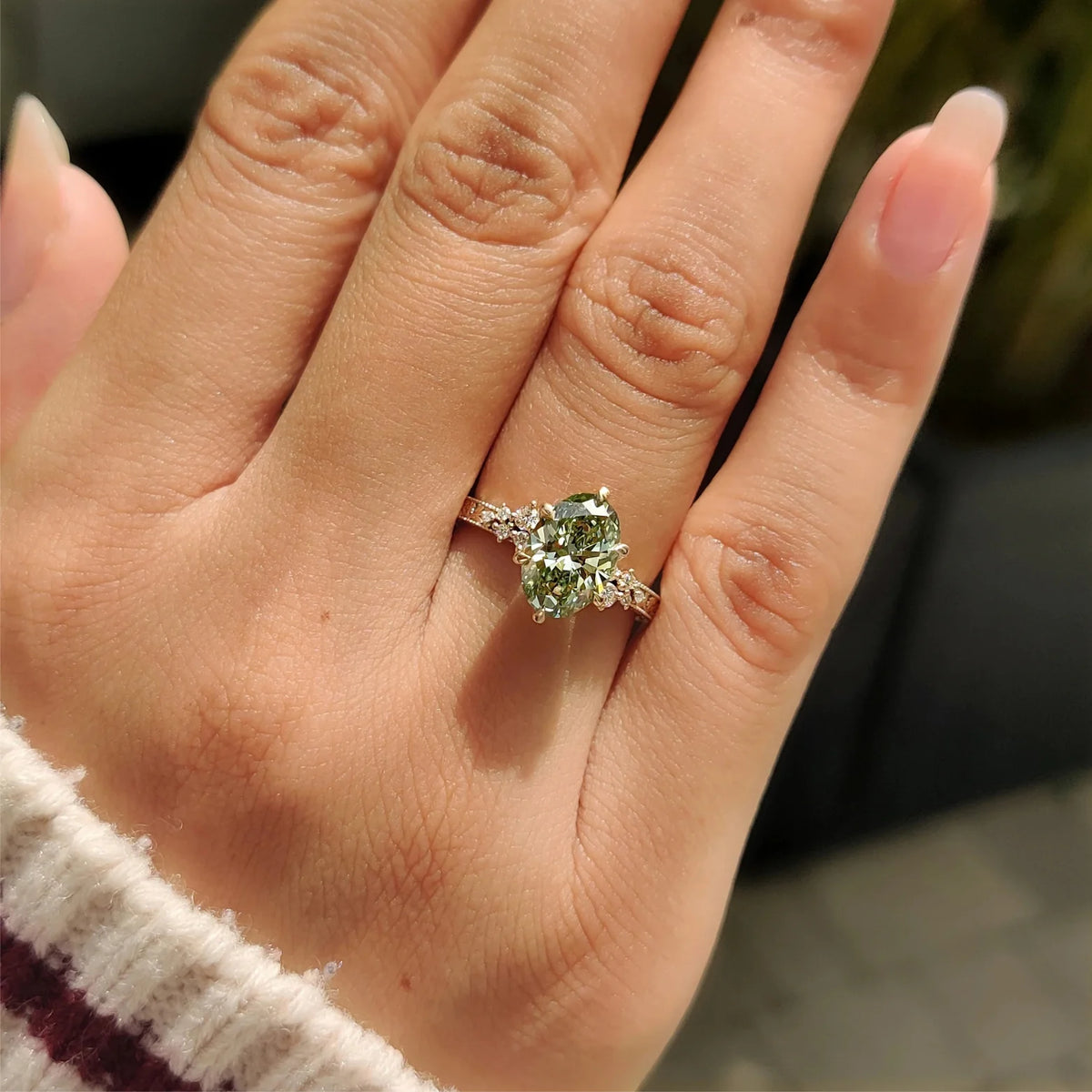 Common :: 1CT Green Oval lab grown diamond vintage engagement ring