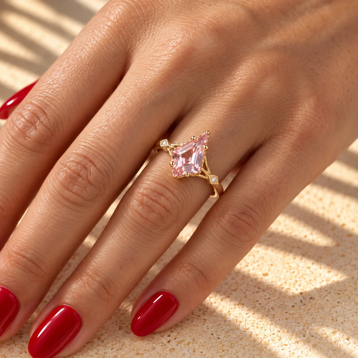 Common :: 1CT Pink Kite Cut Lab Grown Diamond Ring with Round side diamonds