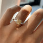 Common :: fancy yellow modified cushion diamond ring three stone lab grown engagement ring