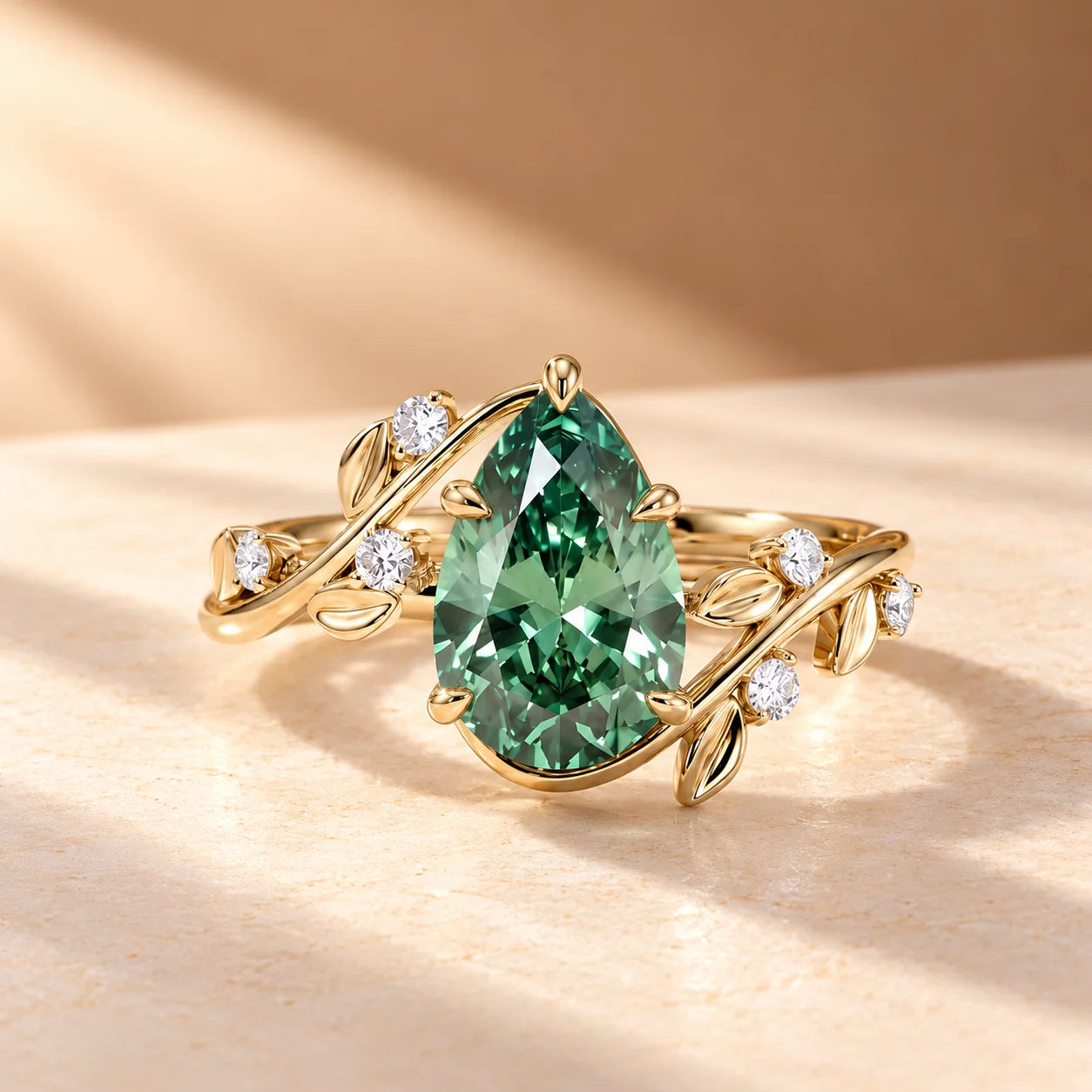 Common :: 2.20TCW green pear lab grown diamond nature-inspired engagement ring with round diamond accents.