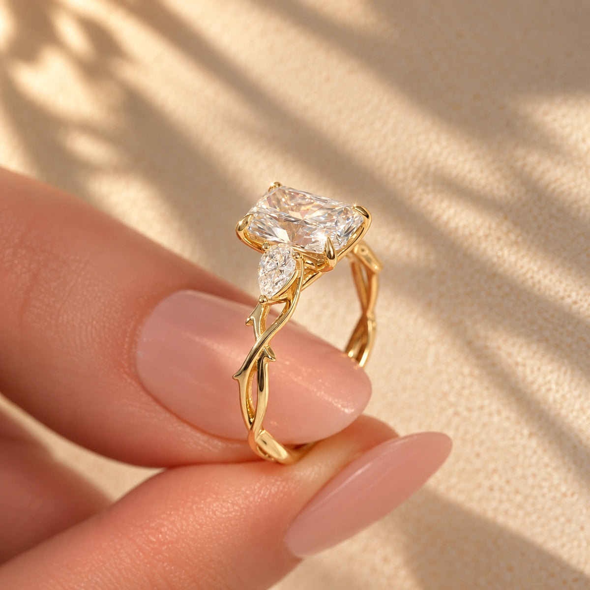 Common :: D VS1 Radiant lab grown diamond Three Stone Ring with Pear accents