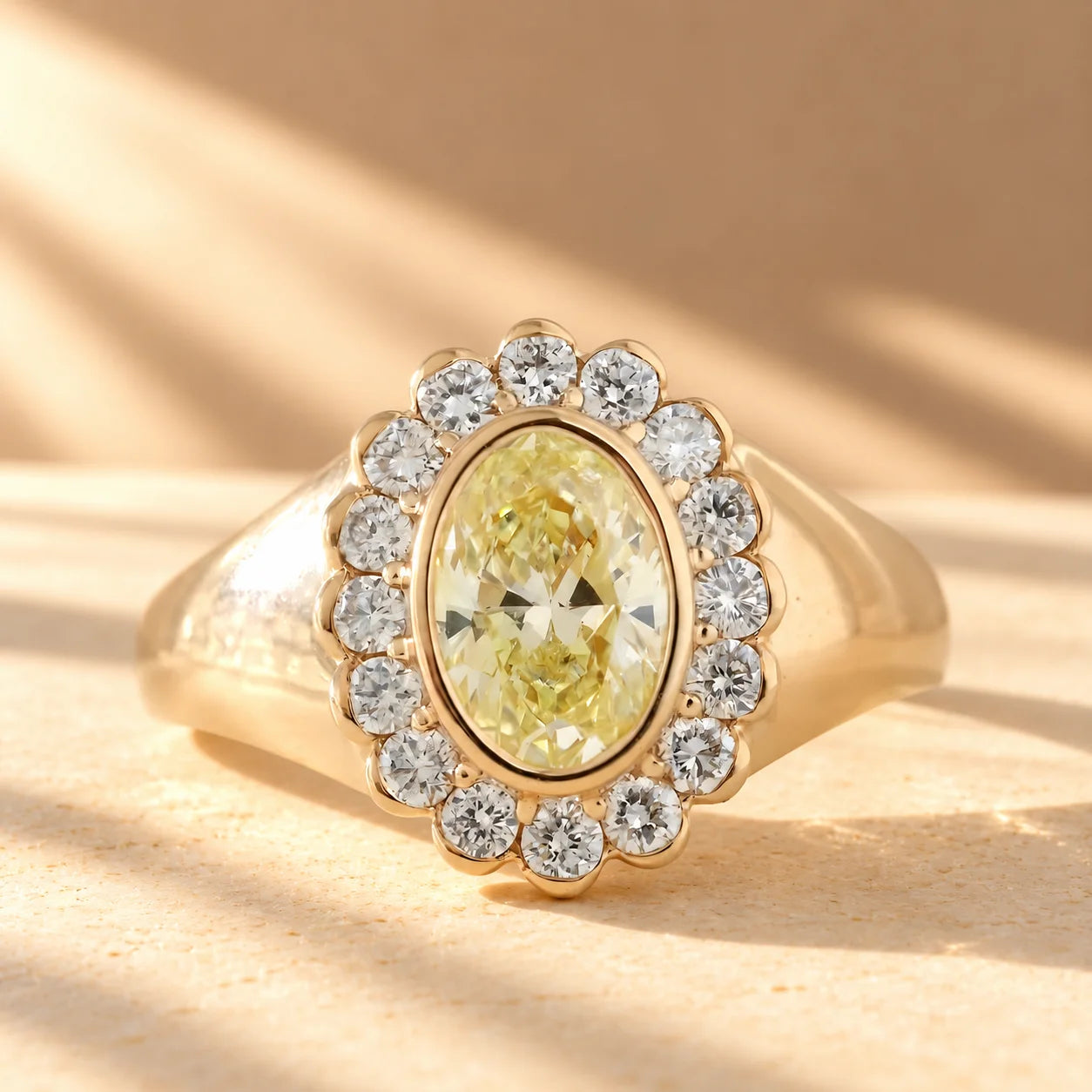 Common :: 2.40TCW yellow oval lab-grown diamond halo engagement ring by Unii Jewels