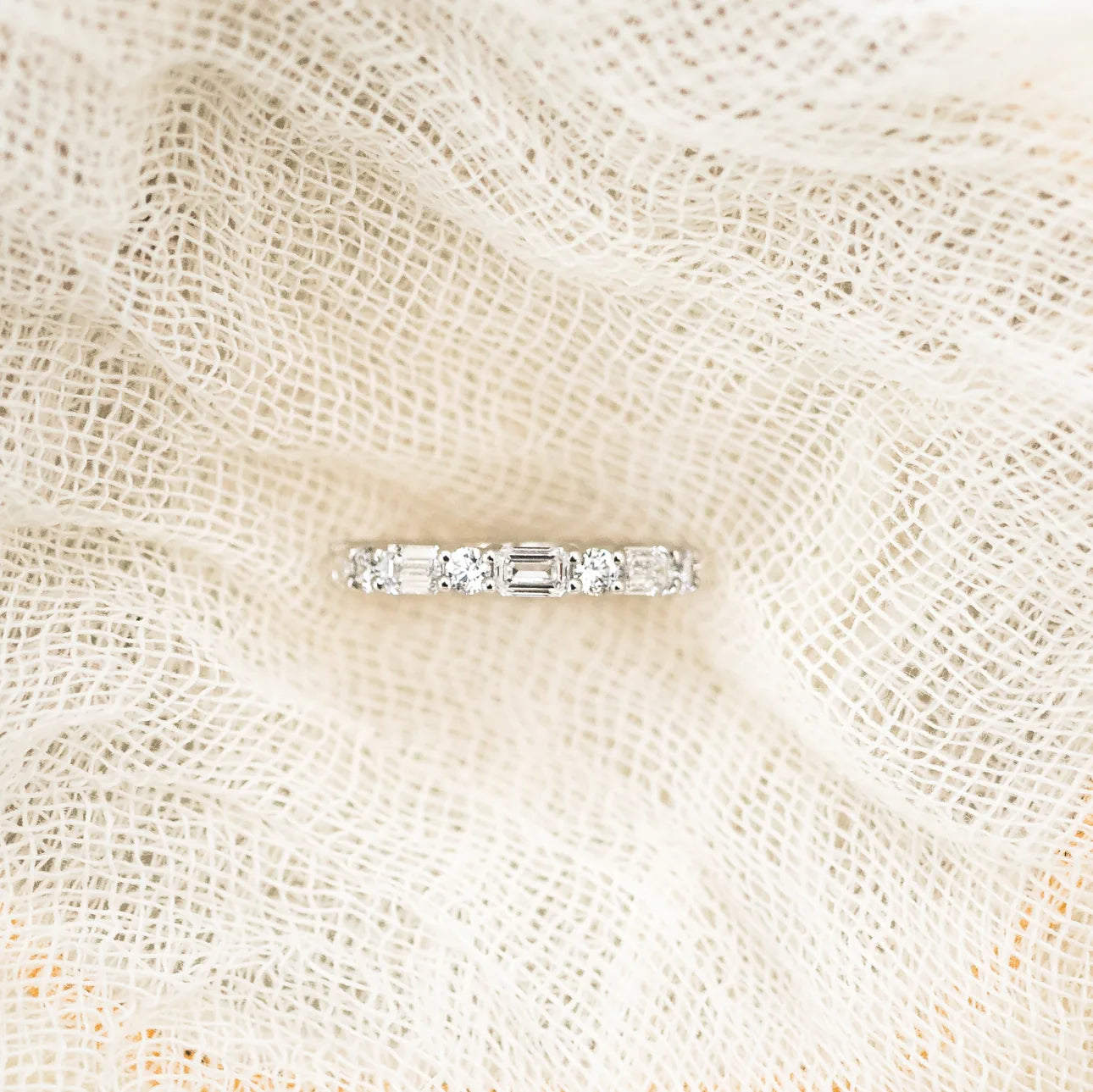 Emerald And Round Lab Grown Diamond East - West Eternity Band, EF Color, VS Clarity, IGI Certified Ring