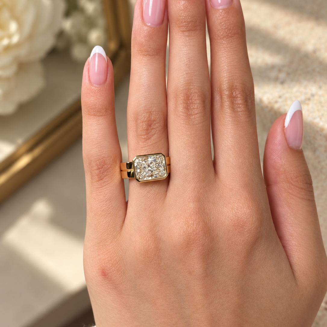 Common :: 2.50 carat Radiant Cut lab grown diamond East West engagement ring