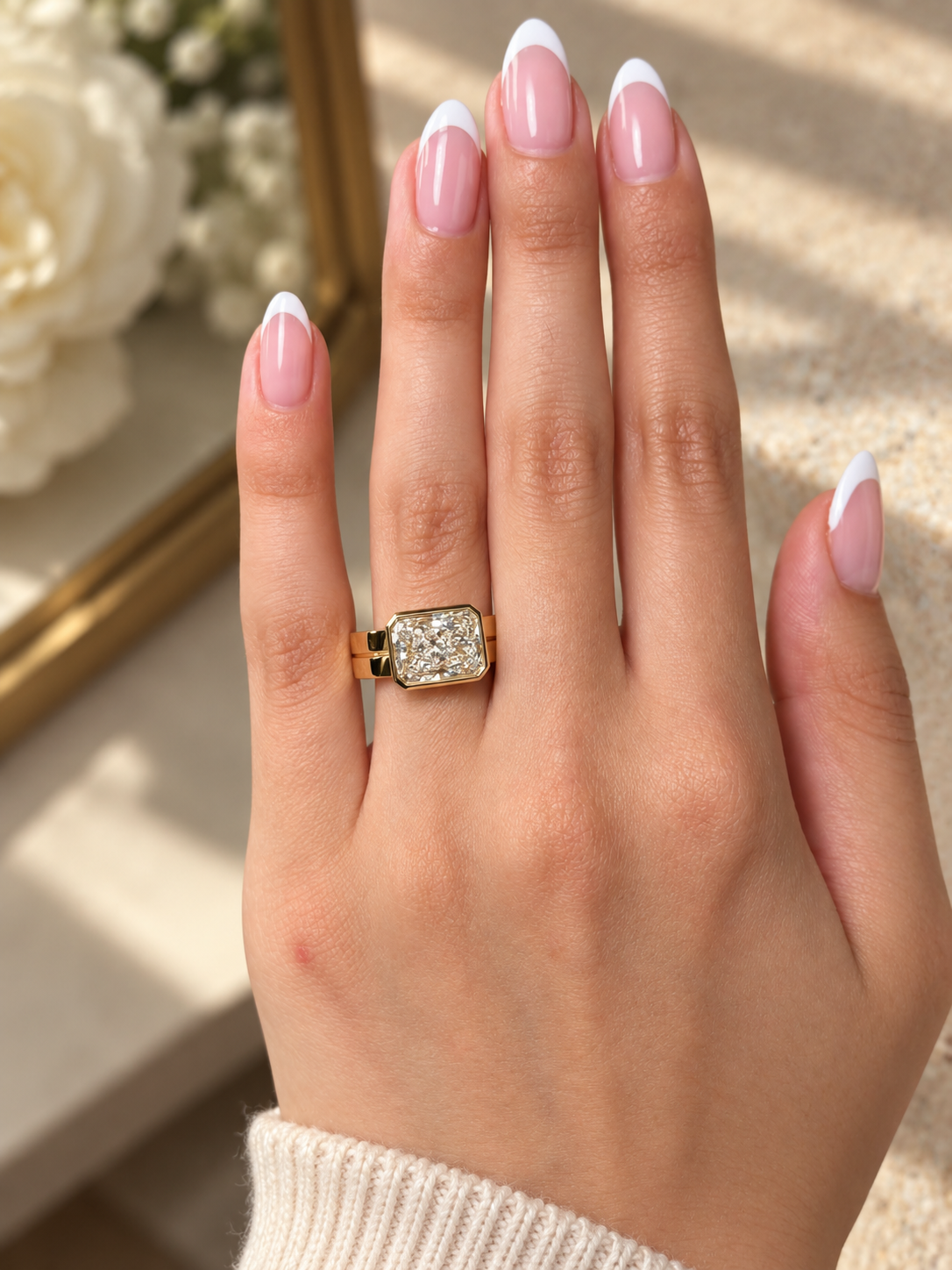 Common :: 2.50 carat Radiant Cut lab grown diamond East West engagement ring