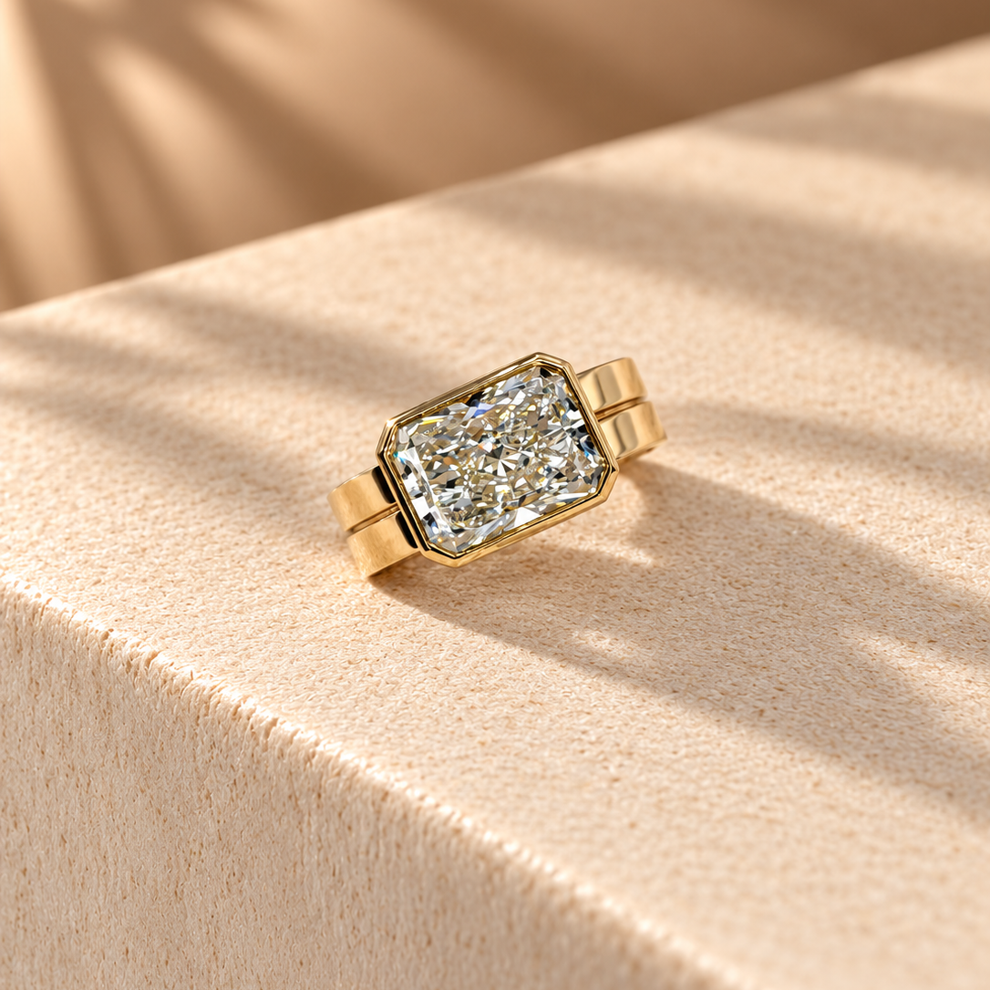 Common :: Unii Jewels 2.50ct Radiant Cut lab grown diamond East West Bezel Engagement Ring