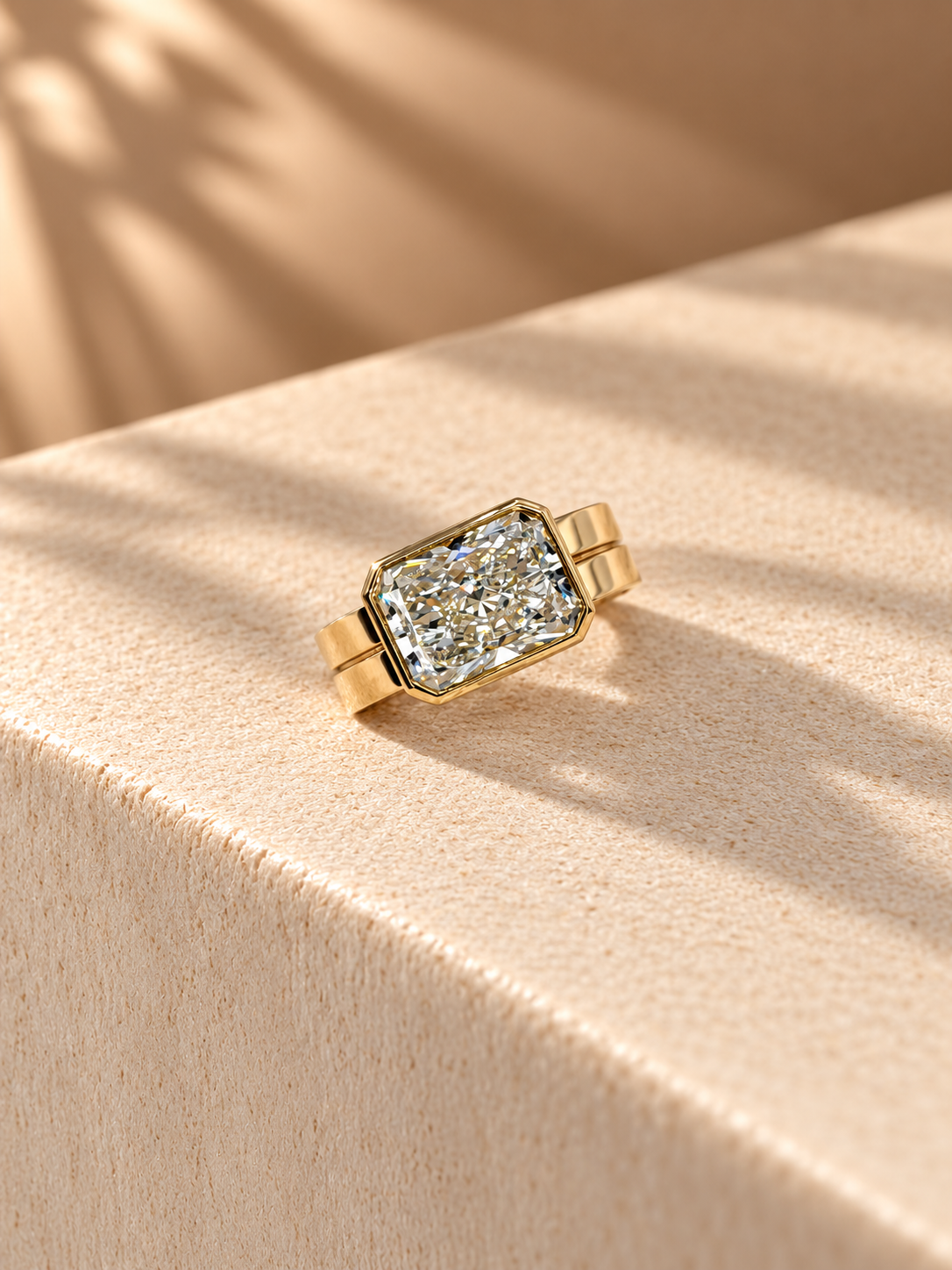 Common :: Unii Jewels 2.50ct Radiant Cut lab grown diamond East West Bezel Engagement Ring