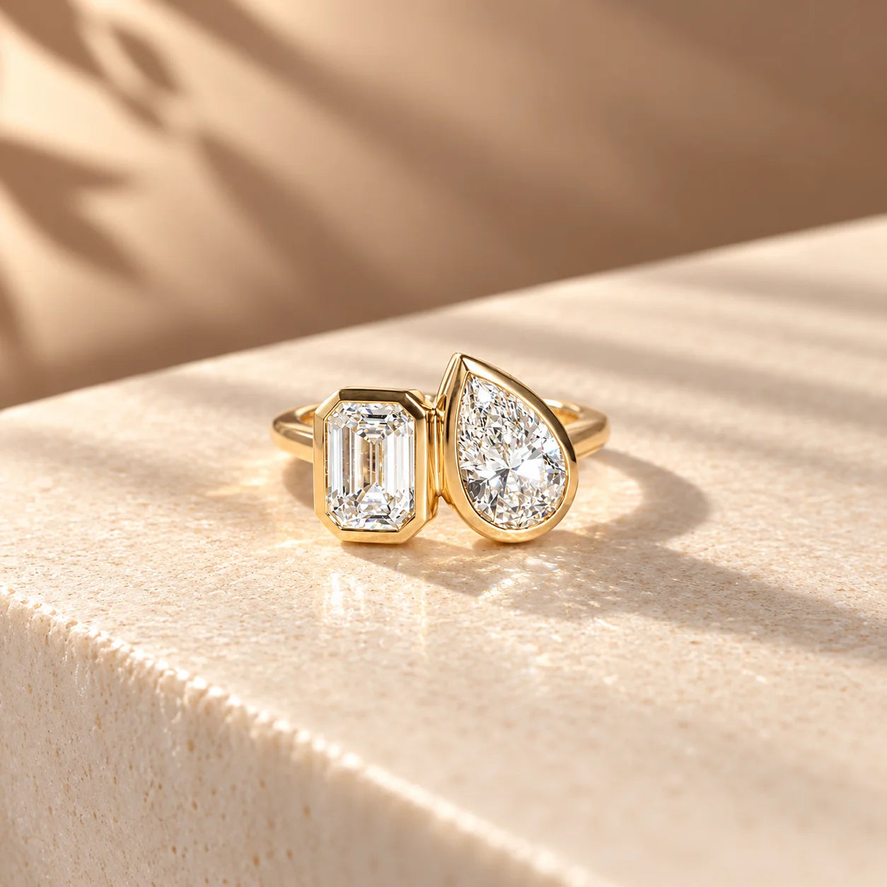 Common :: Unii Jewels 2.50TCW Pear and Emerald Toi Et Moi bezel engagement ring