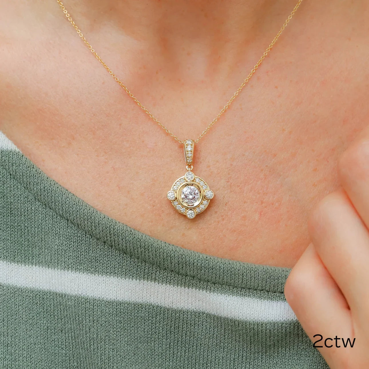 Round Lab Grown Diamond Bezel Set Halo Pendant With Chain, EF Color, VS Clarity, IGI Certified