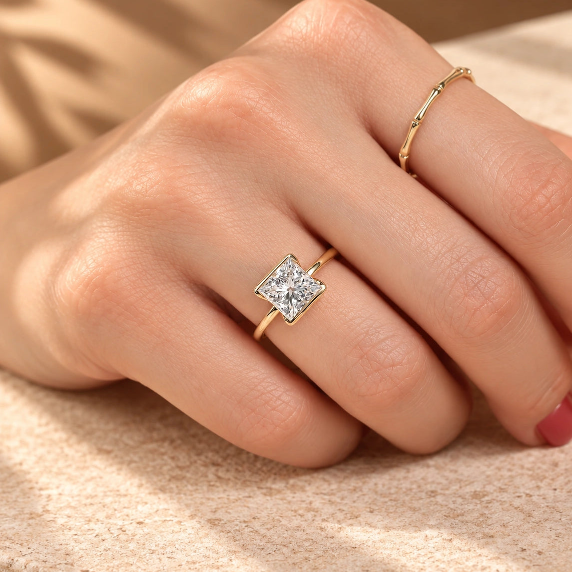 Common :: 2 carat Princess Cut lab grown diamond Half Bezel ring
