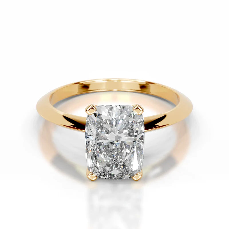 Yellow :: Celestara elongated cushion solitaire lab grown diamond ring premium engagement design