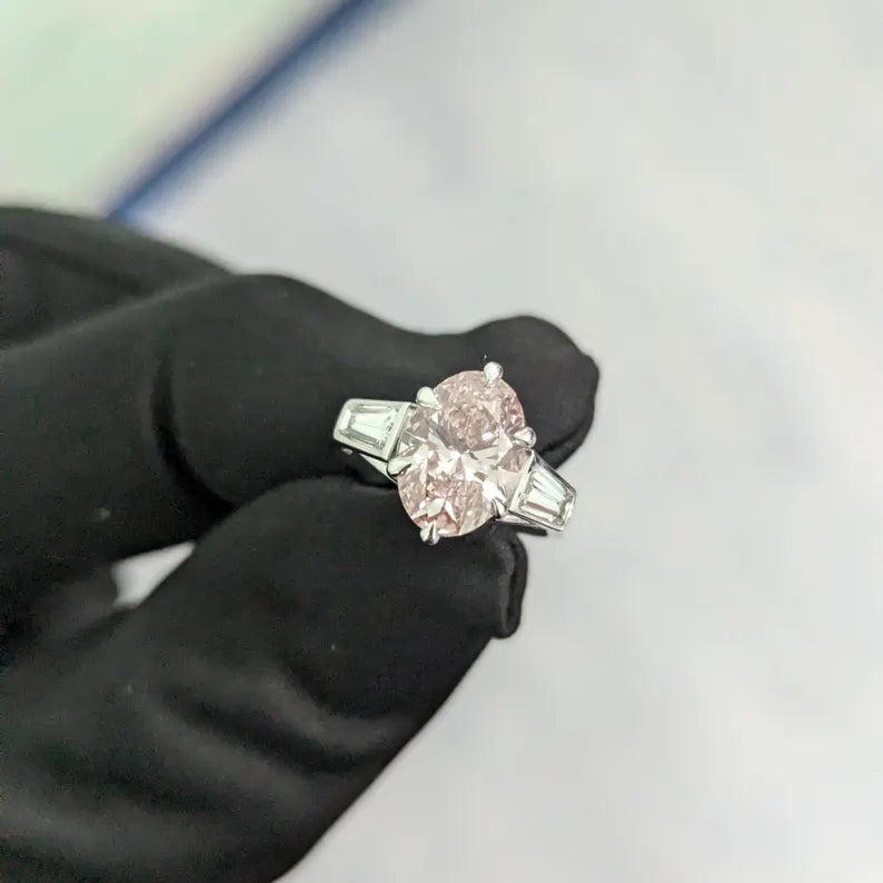 2.50tcw Fancy Pink Lab-Grown Diamond Oval Engagement Ring | Bezel & Baguette