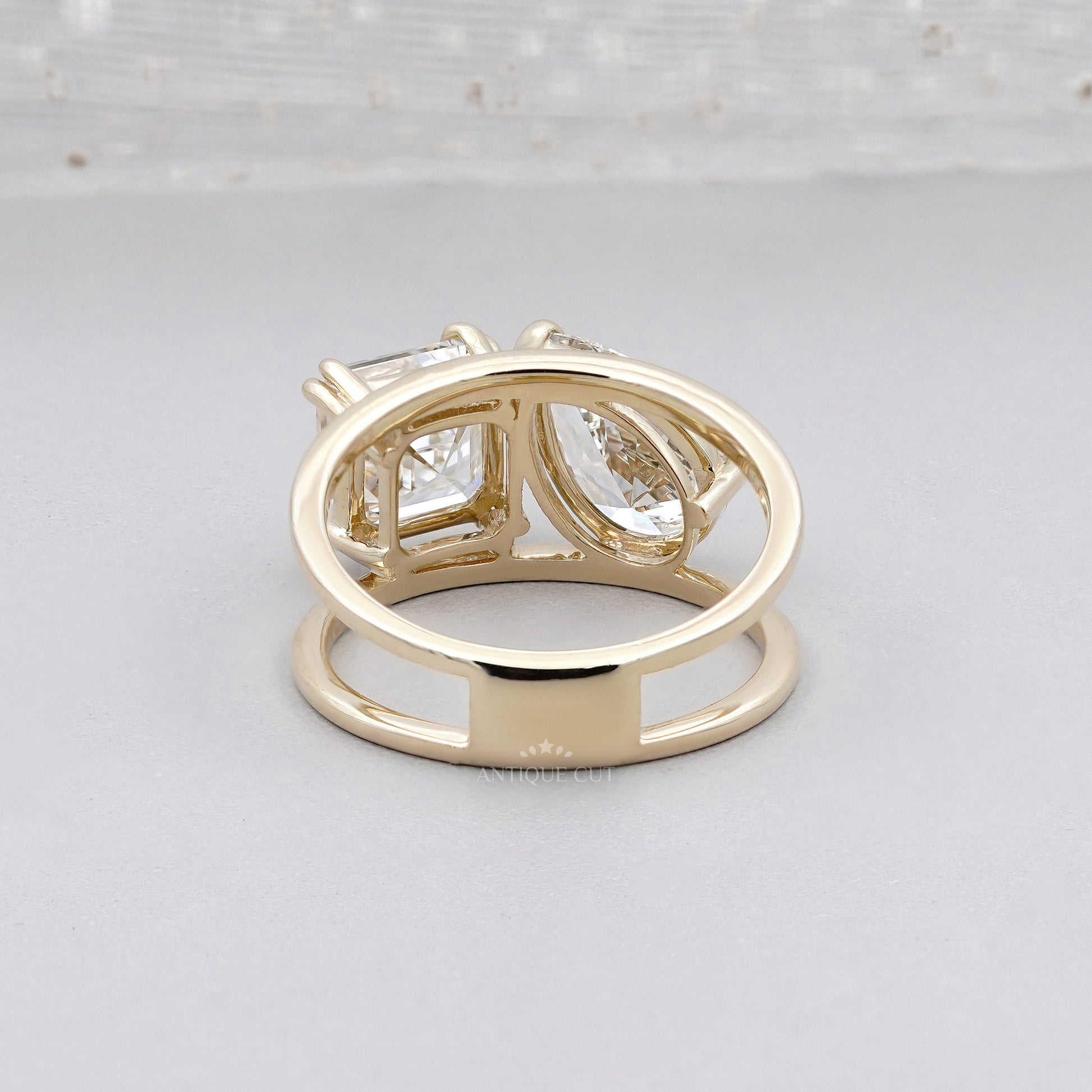 Two Stone Diamond Ring | 1.50ct Pear + 1.00ct Square Emerald Cut | Toi et Moi Engagement Ring | 14K Yellow Gold | Modern Statement Ring