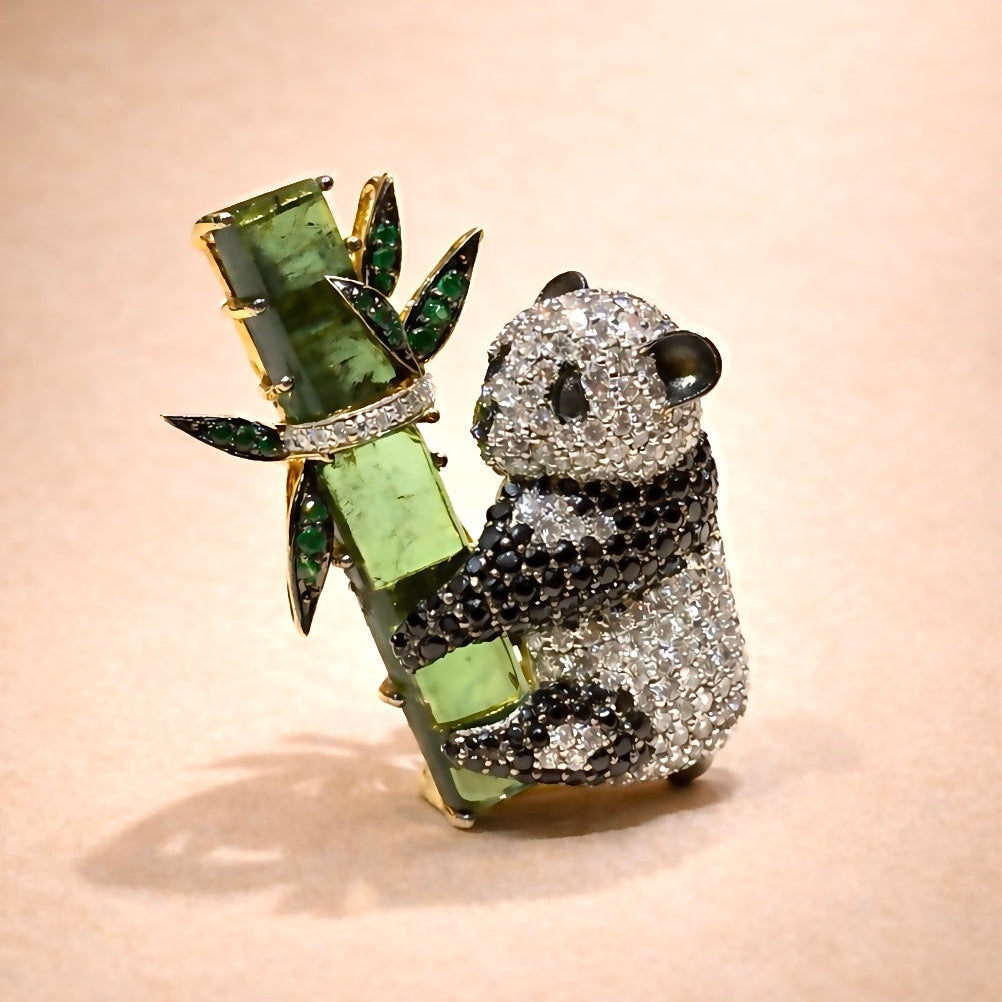 Panda Aurora Lab Grown Diamond Brooch | IGI Certified FG VVS-VS | 9KT Yellow Gold Luxury Statement Pin