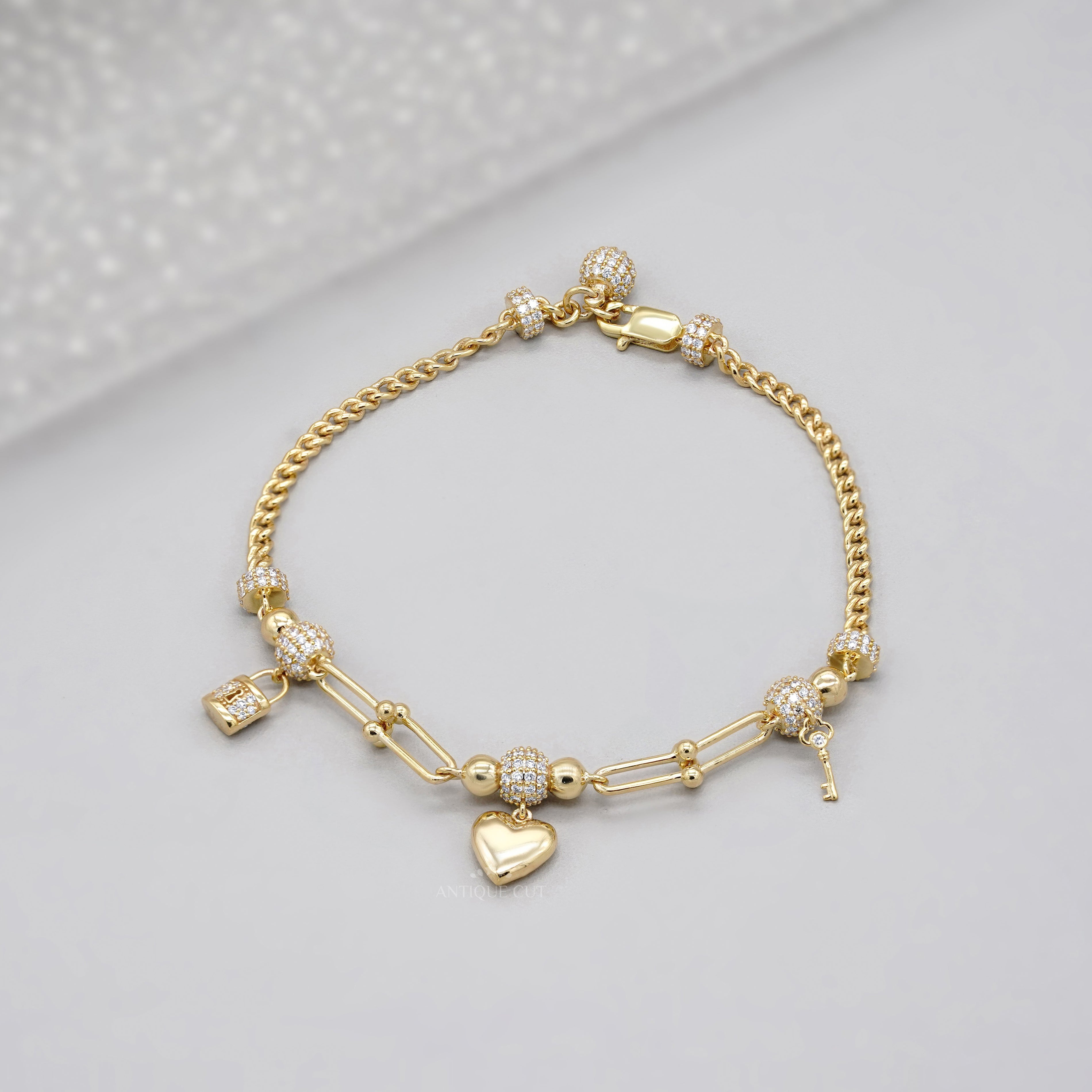 1.50tcw Diamond Charm Bracelet | Heart, Lock & Key | Round Cut | IGI Certified