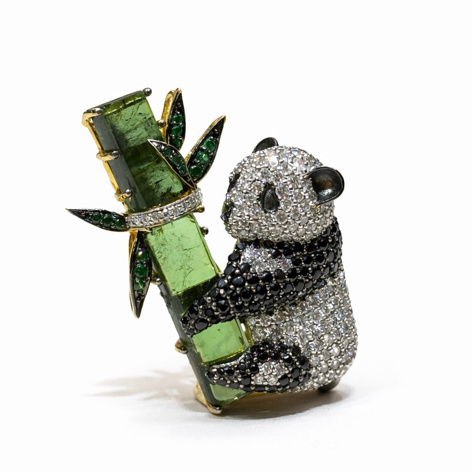 Panda Aurora Lab Grown Diamond Brooch | IGI Certified FG VVS-VS | 9KT Yellow Gold Luxury Statement Pin