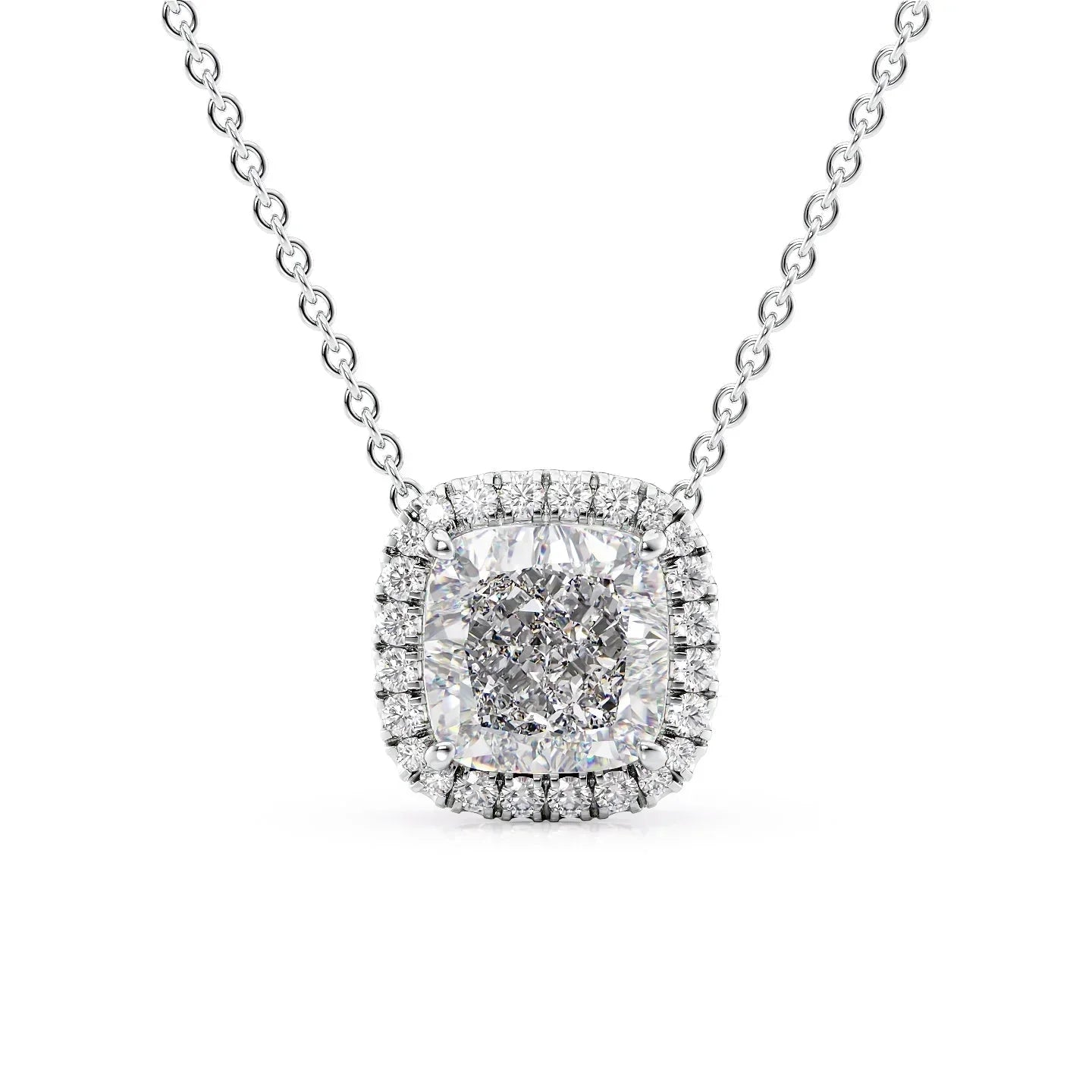 white :: elongated cushion halo necklace with exceptional fire