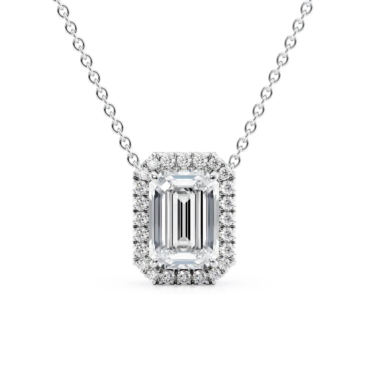 white :: emerald cut halo pendant necklace with premium sparkle