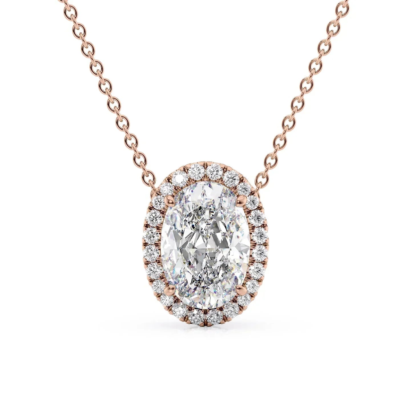 rose :: Arianza 3 CT radiant lab grown diamond halo necklace crafted in rose gold
