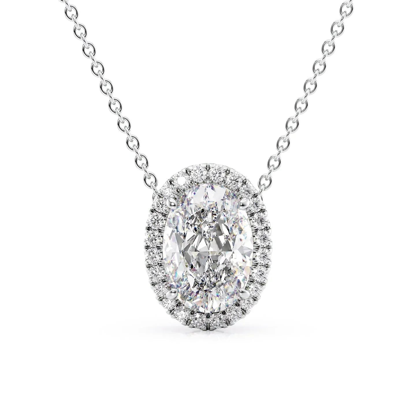 white :: Arianza 3 CT radiant lab grown diamond halo necklace crafted in white gold
