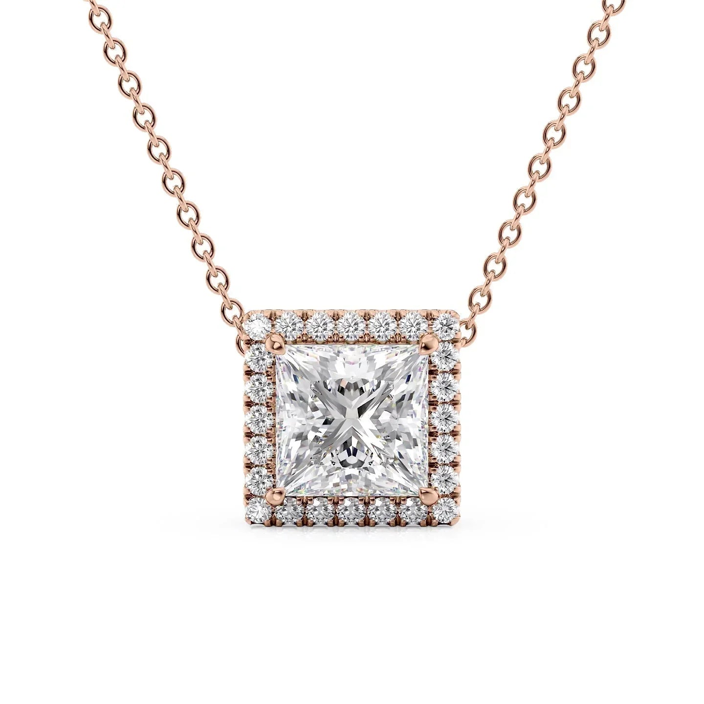rose :: 3 CT Arianza radiant halo necklace with luxury appeal