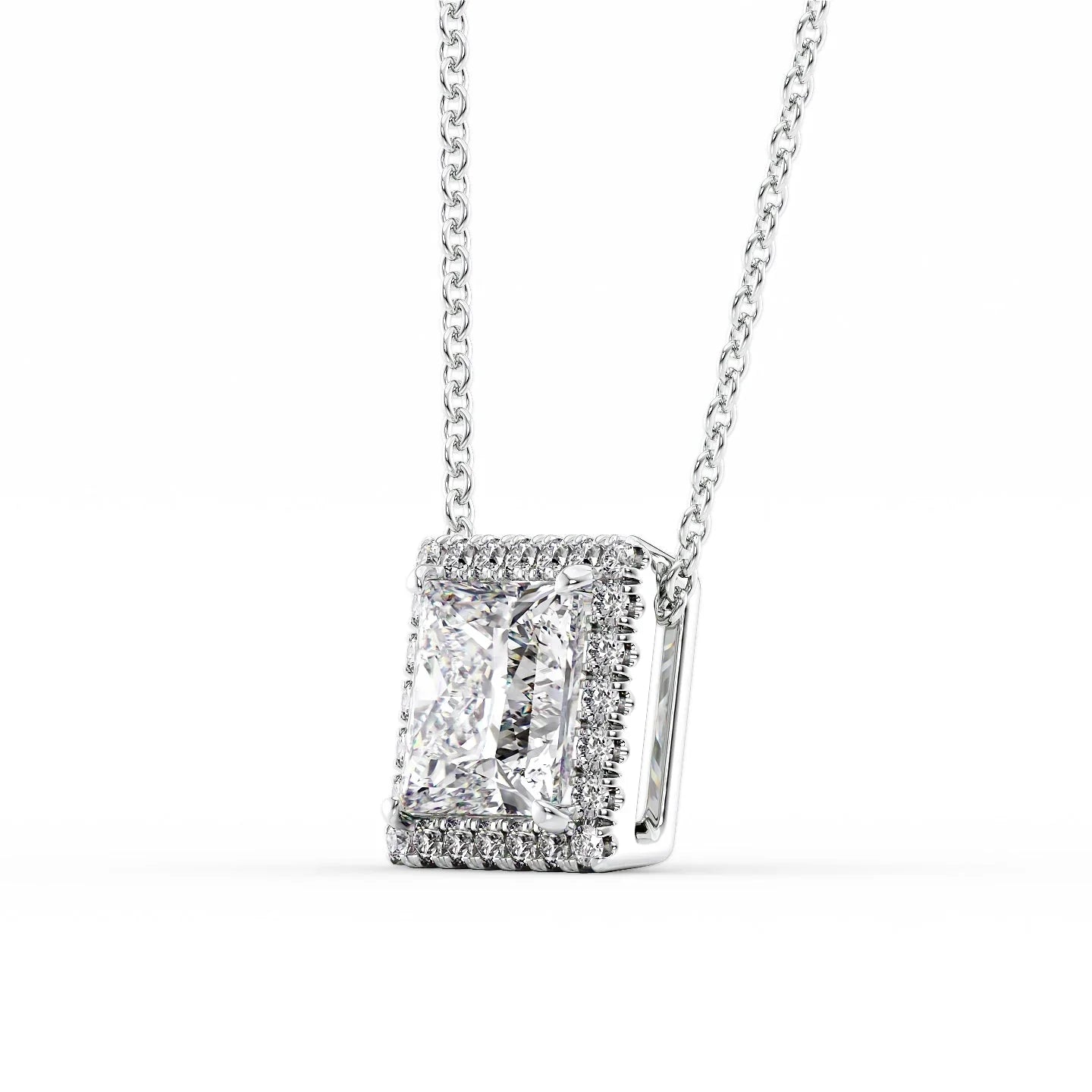 white :: princess cut halo necklace in elegant white gold