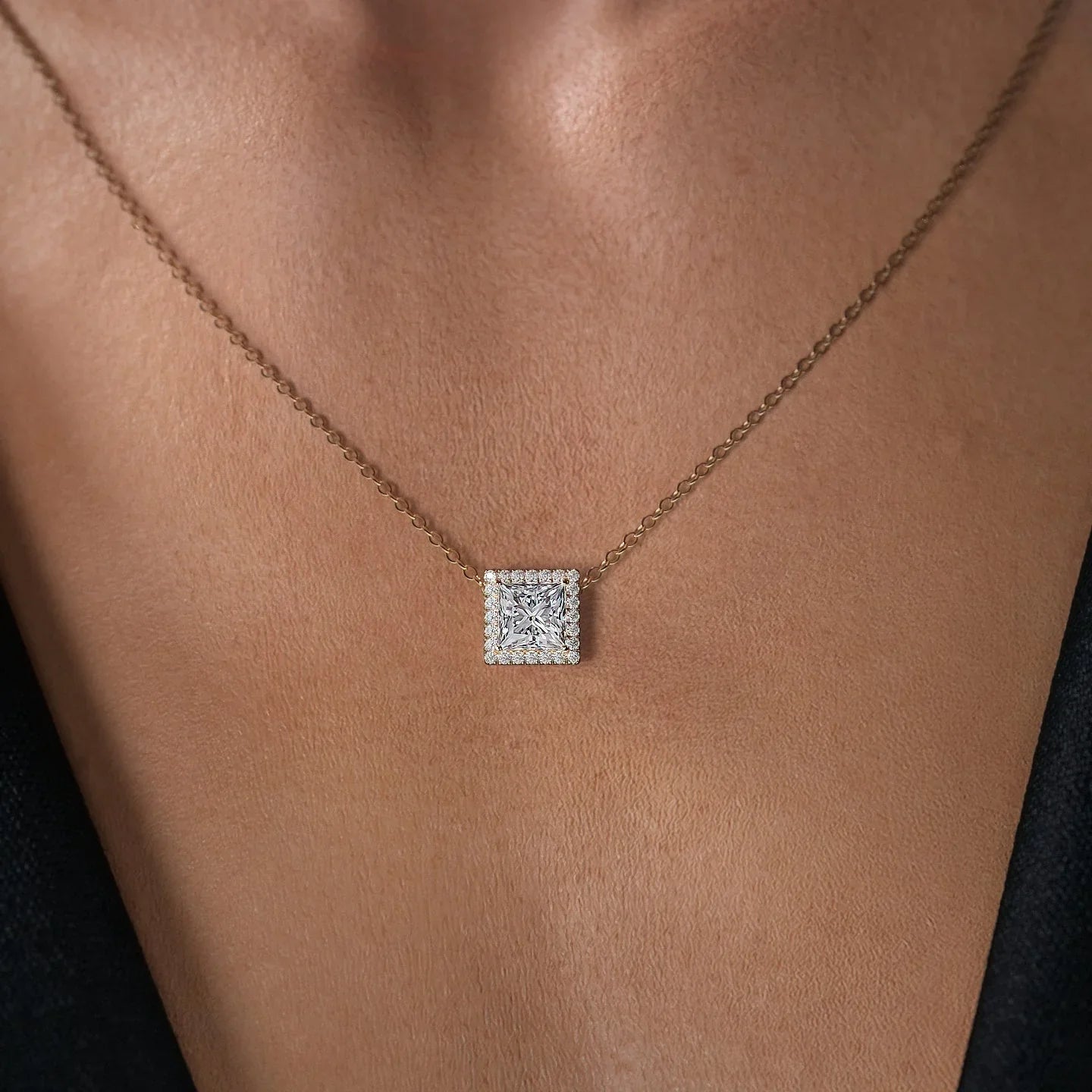 yellow :: 0.5 CT Arianza cushion diamond halo pendant necklace