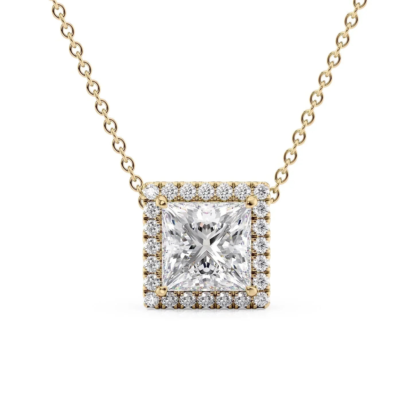yellow :: 2 CT Arianza princess diamond halo necklace for women