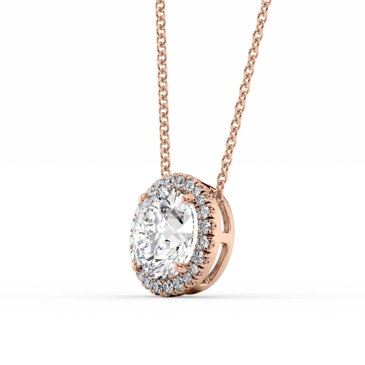 rose :: Arianza 2.5 CT emerald cut lab grown diamond halo pendant in rose gold