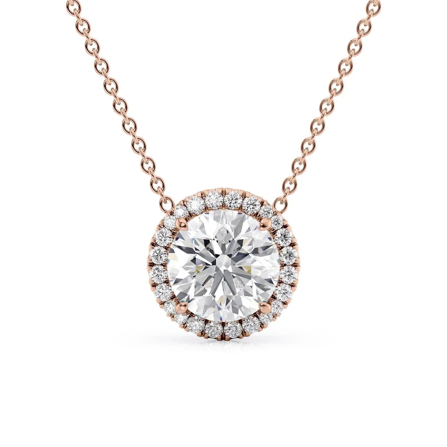 rose :: Arianza 0.5 CT round lab grown diamond halo pendant necklace in rose gold