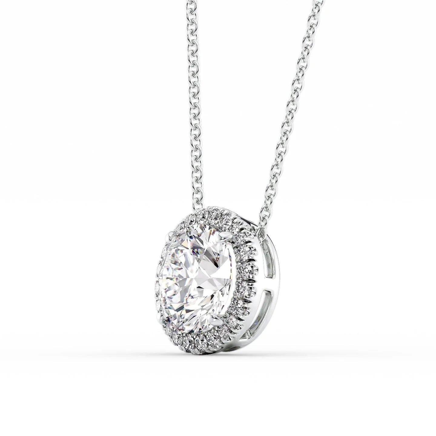 white :: Arianza 2.5 CT emerald cut lab grown diamond halo pendant in white gold