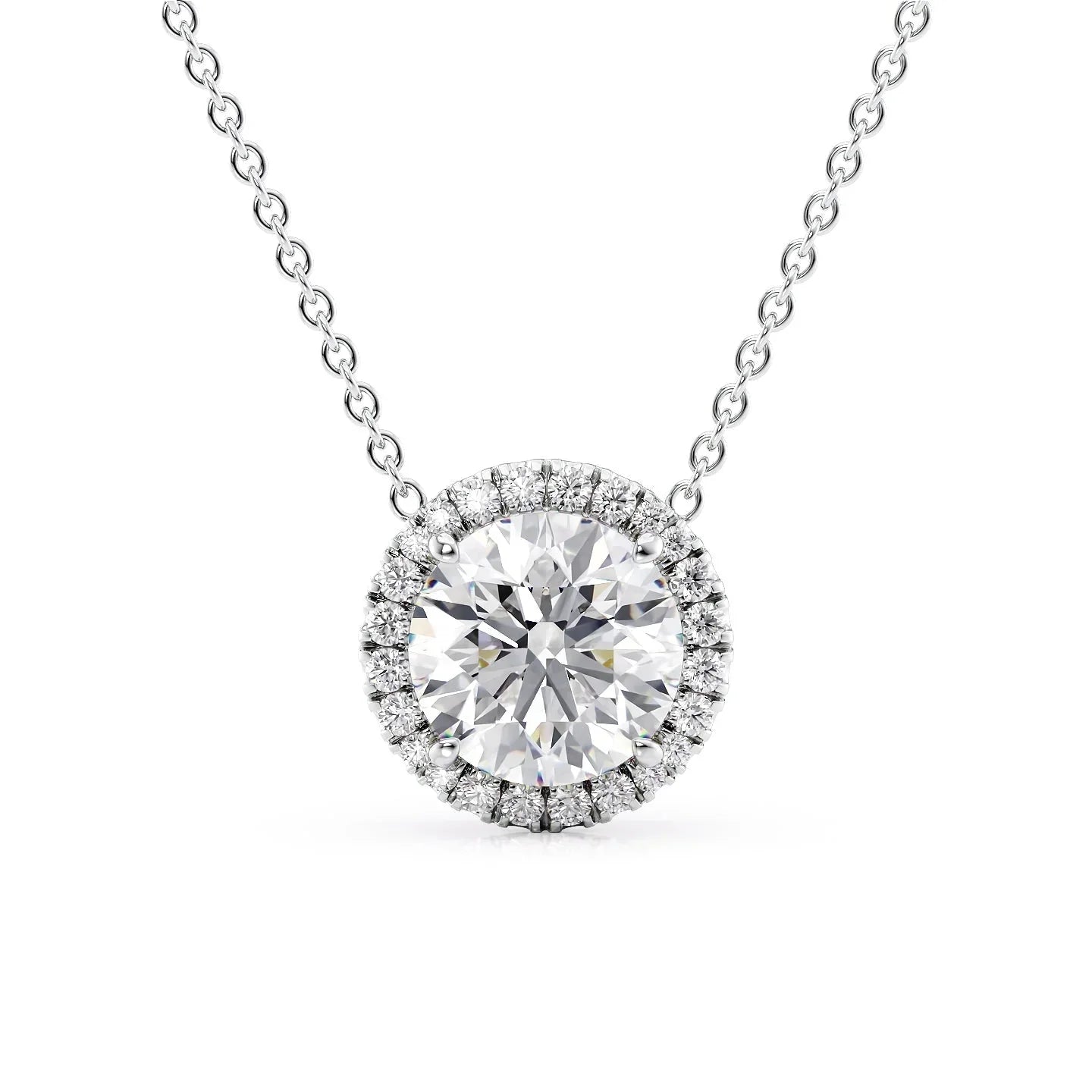 white :: Arianza 0.5 CT round lab grown diamond halo pendant necklace in white gold