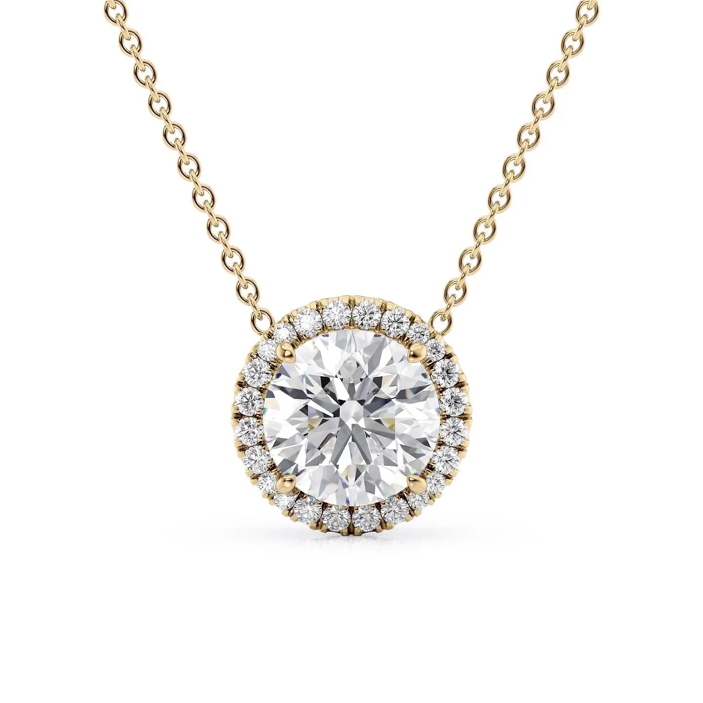 yellow :: Arianza 0.5 CT round lab grown diamond halo pendant necklace in yellow gold