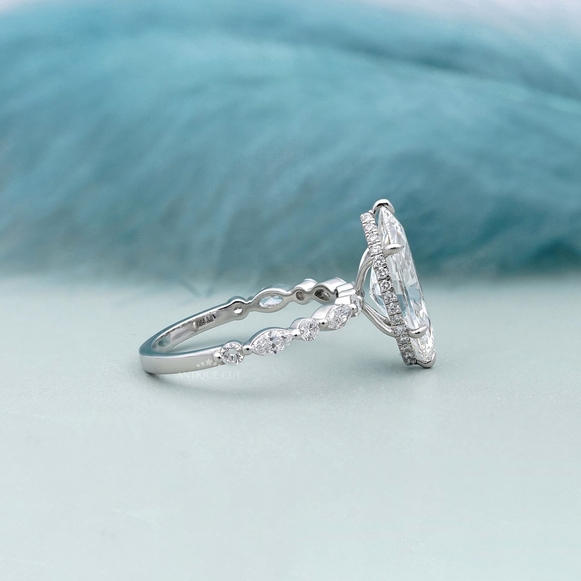 3.00ct Marquise Engagement Ring with 0.60ct Marquise & Round Side Stones | Unique Diamond Halo Ring | White Gold Marquise Solitaire