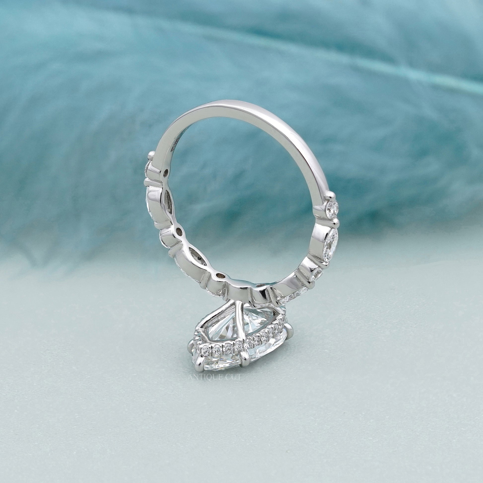 3.00ct Marquise Engagement Ring with 0.60ct Marquise & Round Side Stones | Unique Diamond Halo Ring | White Gold Marquise Solitaire