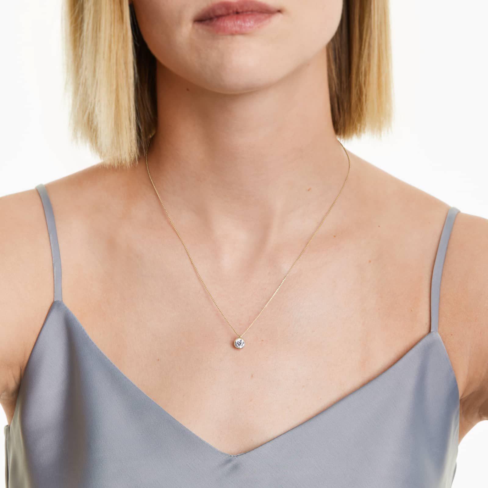 Round Lab Grown Diamond Milgrain Bezel Set Pendant With Chain, EF Color, VS Clarity, IGI Certified