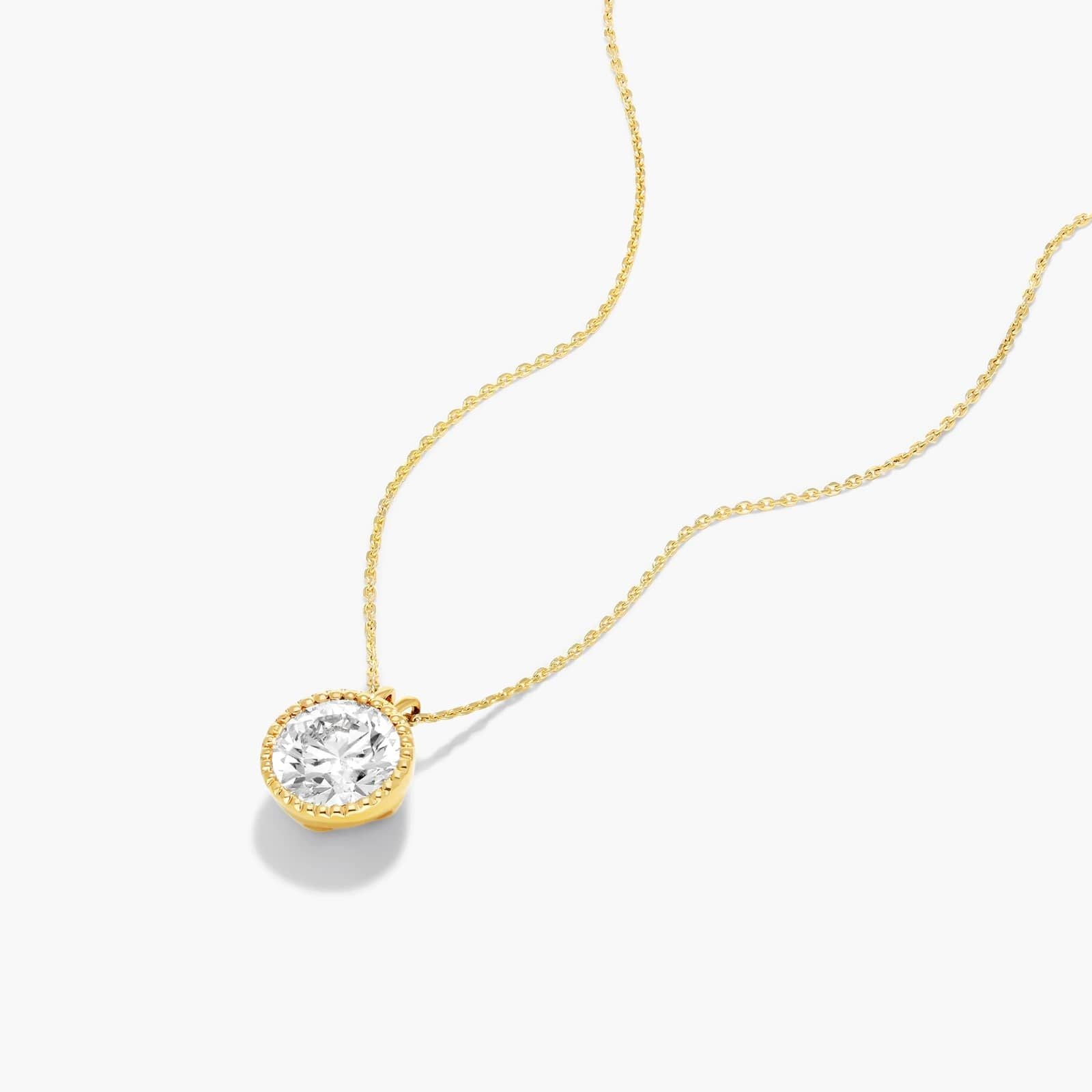Round Lab Grown Diamond Milgrain Bezel Set Pendant With Chain, EF Color, VS Clarity, IGI Certified