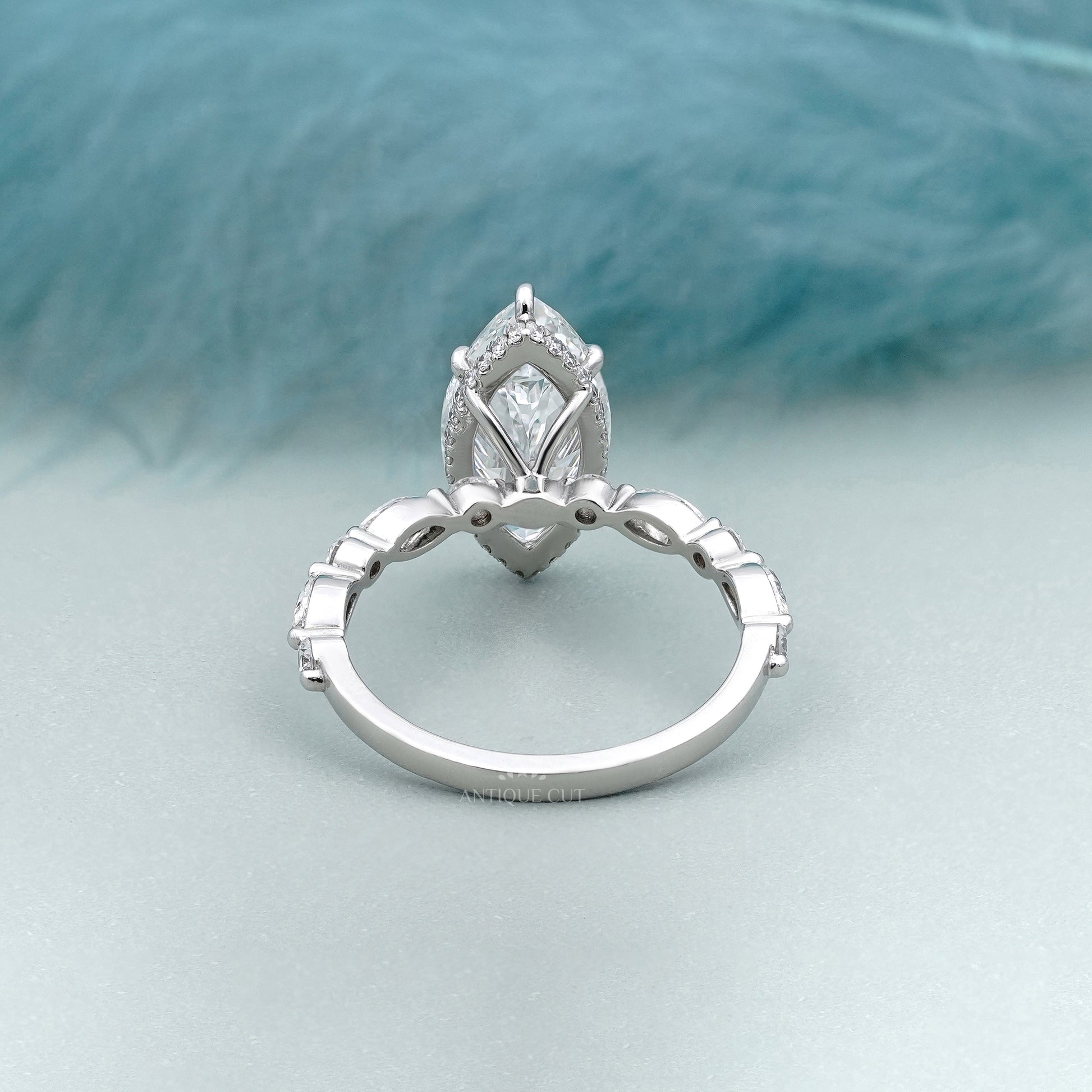3.00ct Marquise Engagement Ring with 0.60ct Marquise & Round Side Stones | Unique Diamond Halo Ring | White Gold Marquise Solitaire