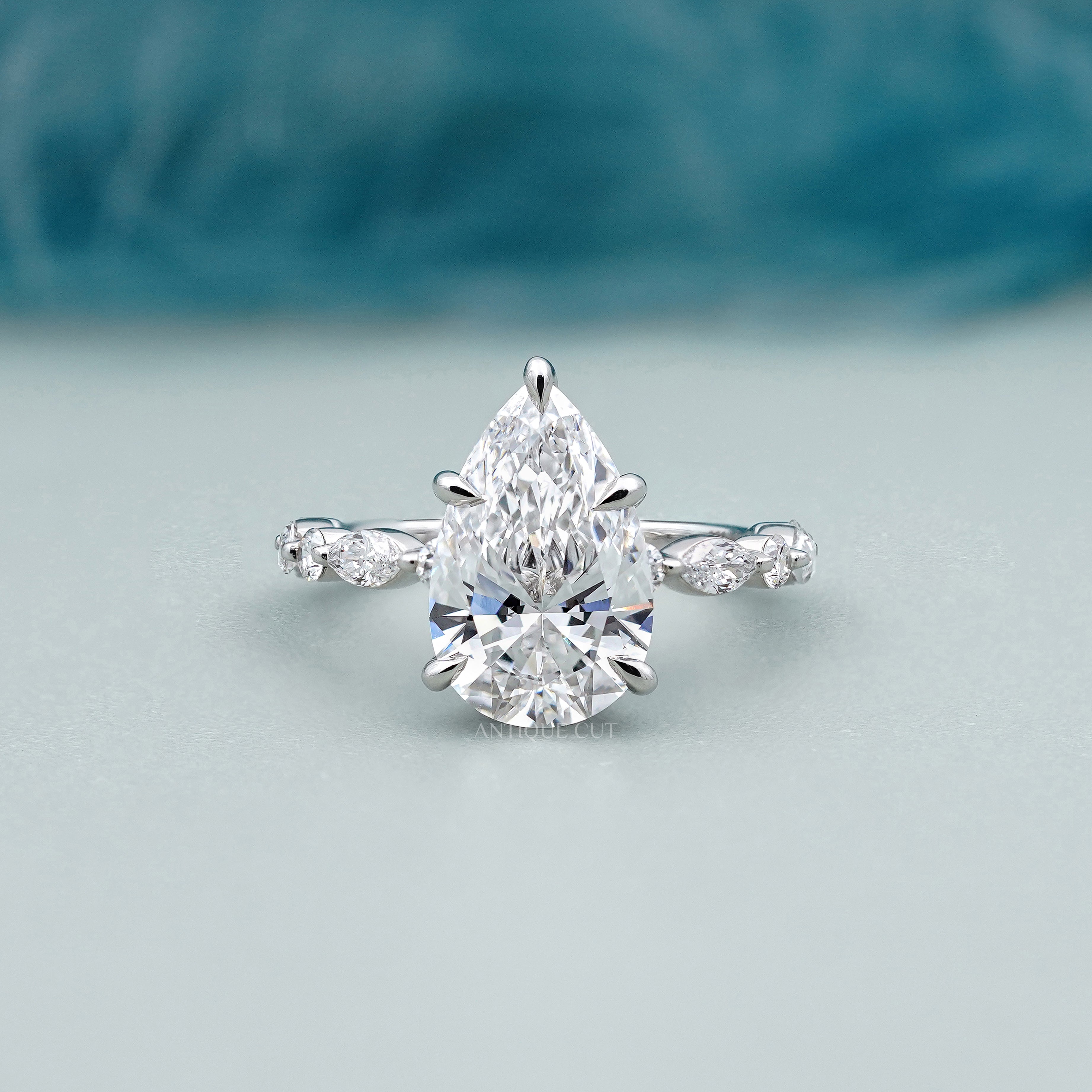 2.80ct Pear Cut Diamond Engagement Ring | 0.60ct Side Stones | 14K White Gold | Marquise Band | Antique Cut Fine Jewelry