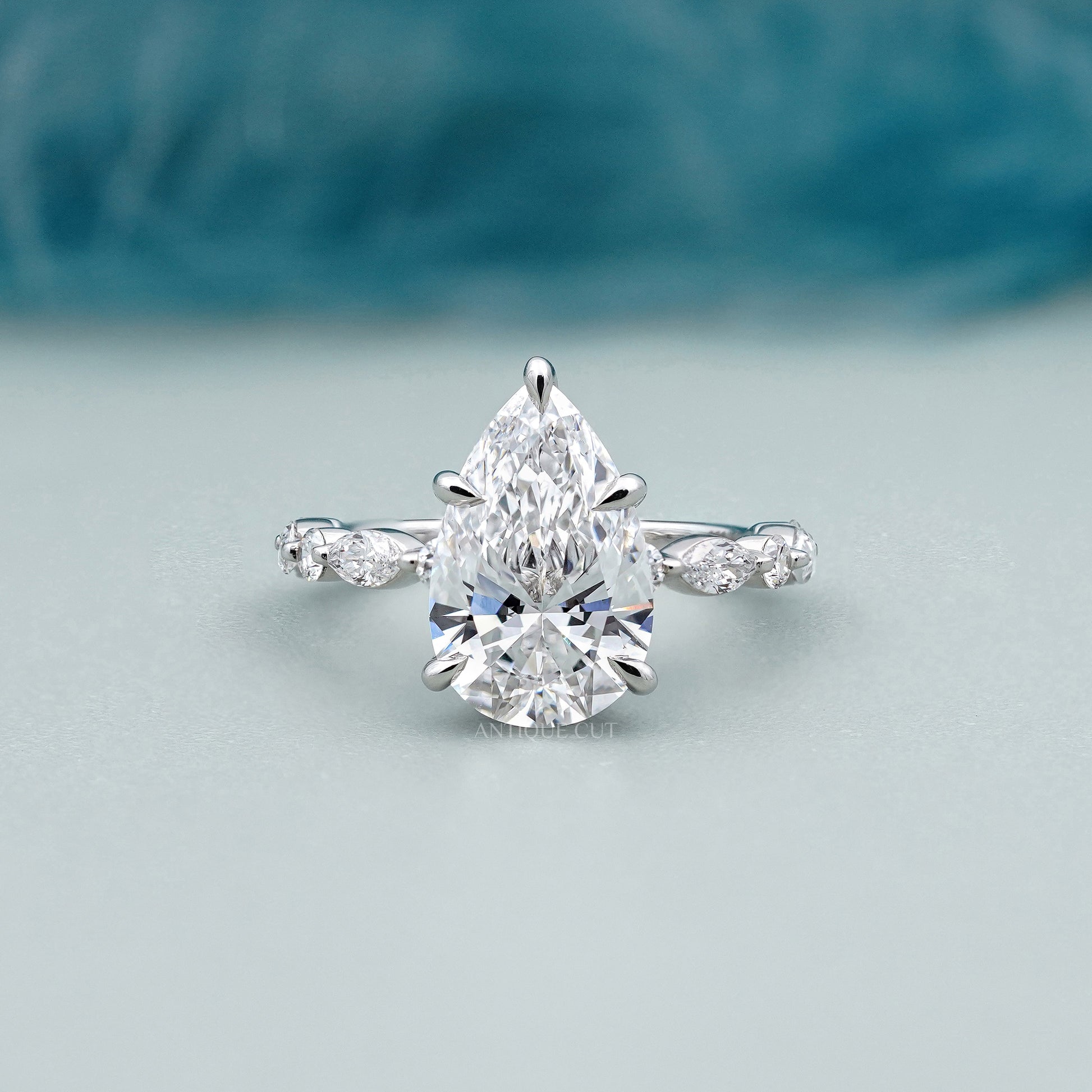 2.80ct Pear Cut Diamond Engagement Ring | 0.60ct Side Stones | 14K White Gold | Marquise Band | Antique Cut Fine Jewelry