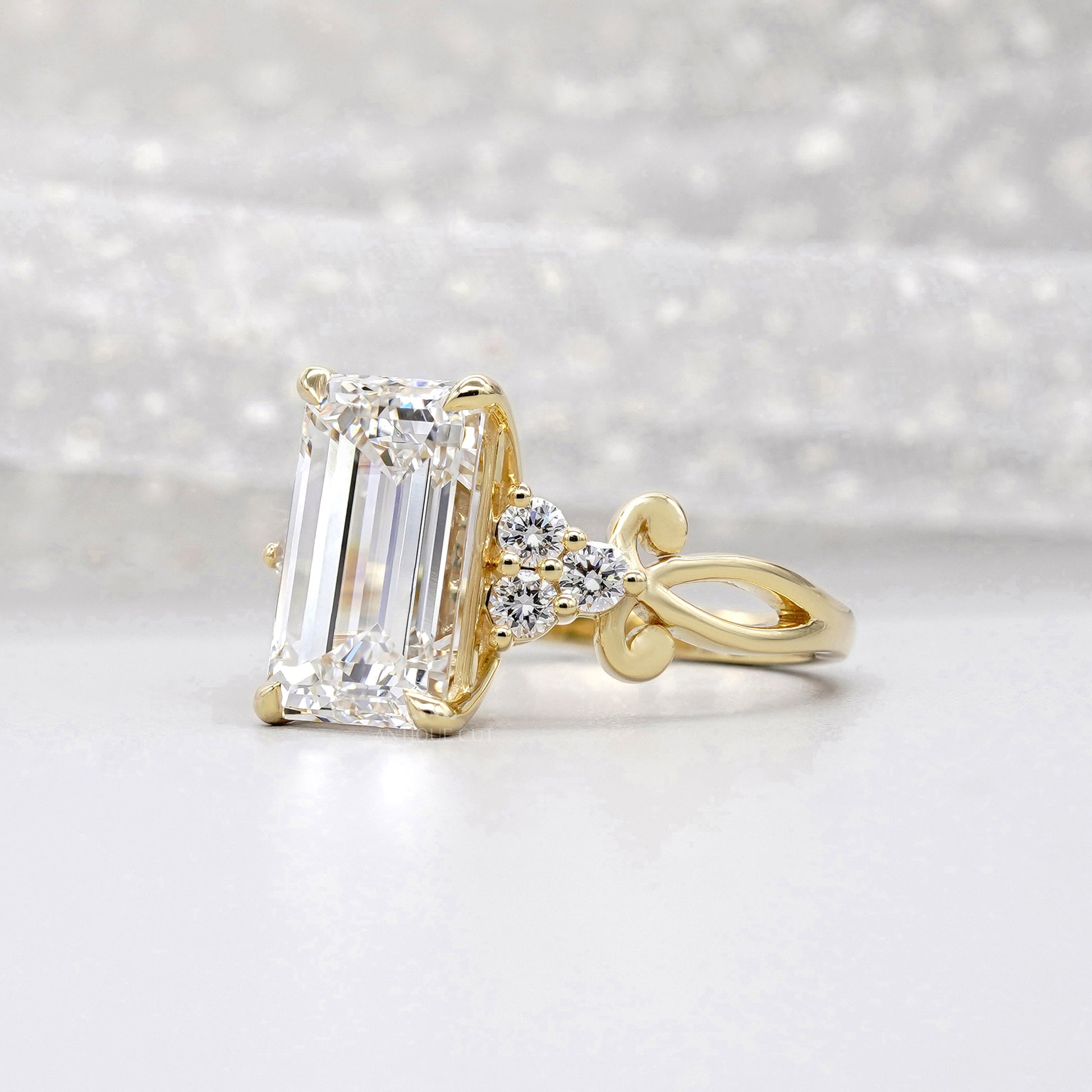 Emerald 5.30tcw Lab Grown Diamond Engagement Ring | Yellow Gold Fleur-de-Lis Setting | IGI Certified