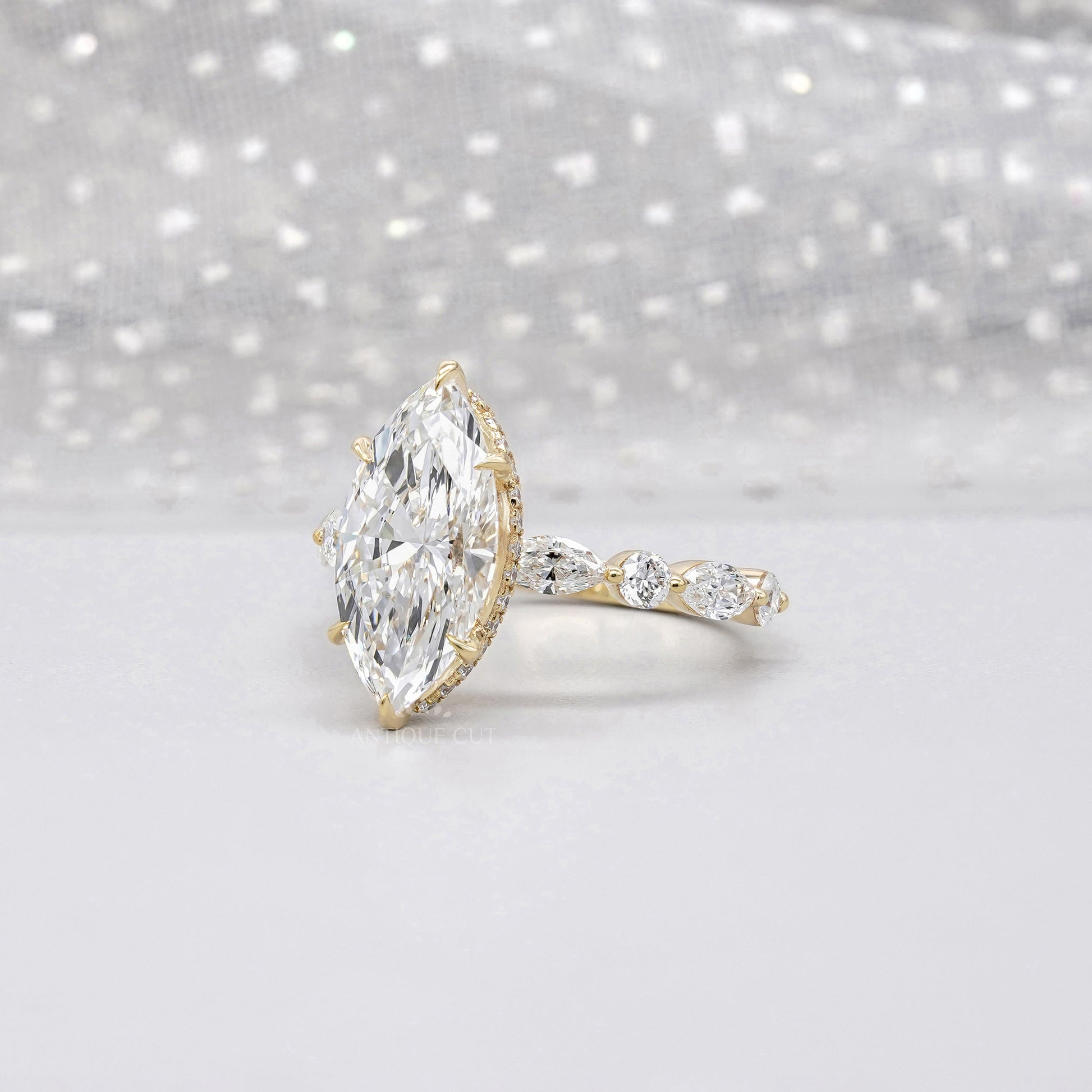 Marquise 4.00tcw Lab Grown Diamond Engagement Ring | IGI Certified | Yellow Gold | Unique Diamond Band