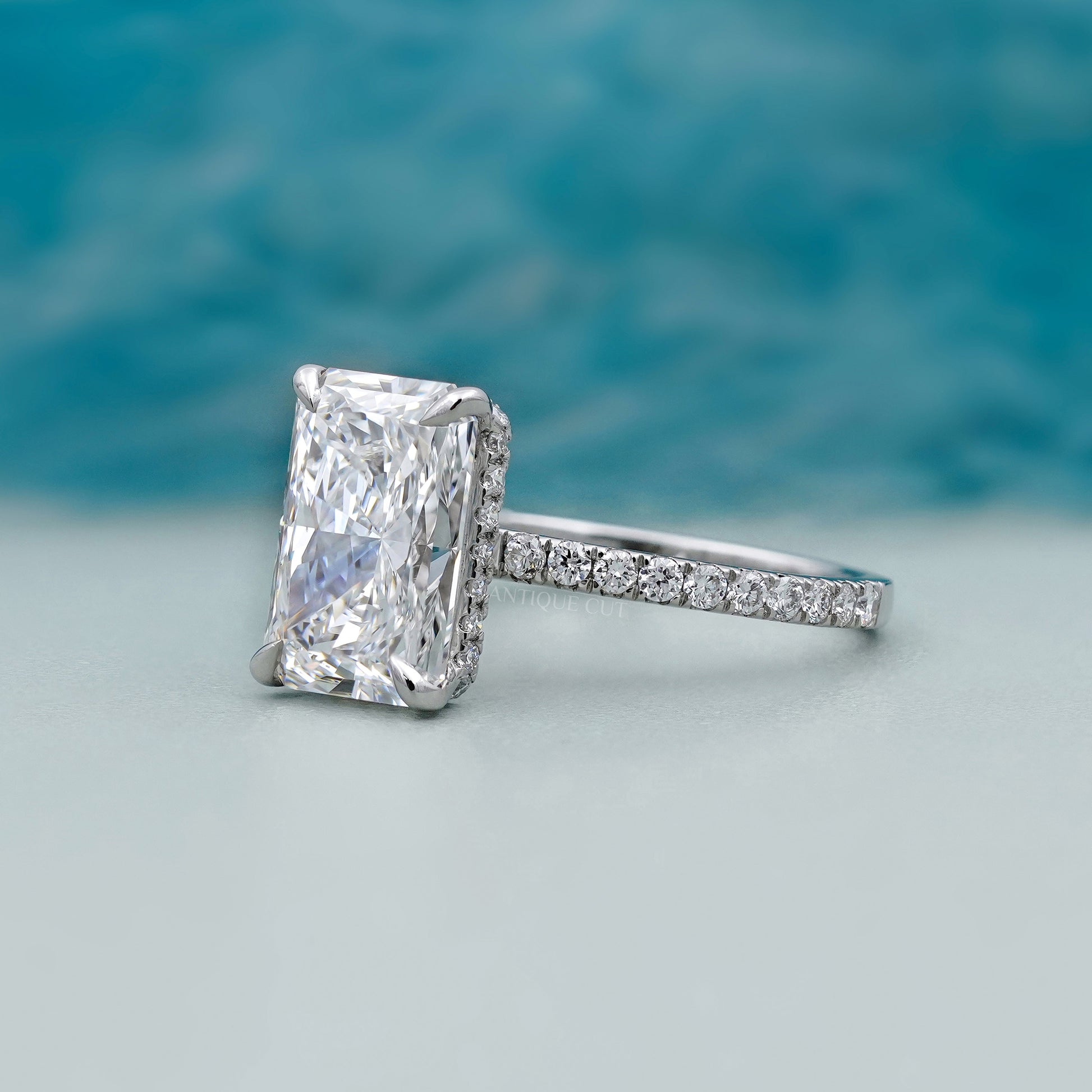 5.00ct Radiant Cut Diamond Engagement Ring | Hidden Halo with 0.70ct Side Stones | 14K Gold Solitaire Pave Band | Luxury Bridal Ring