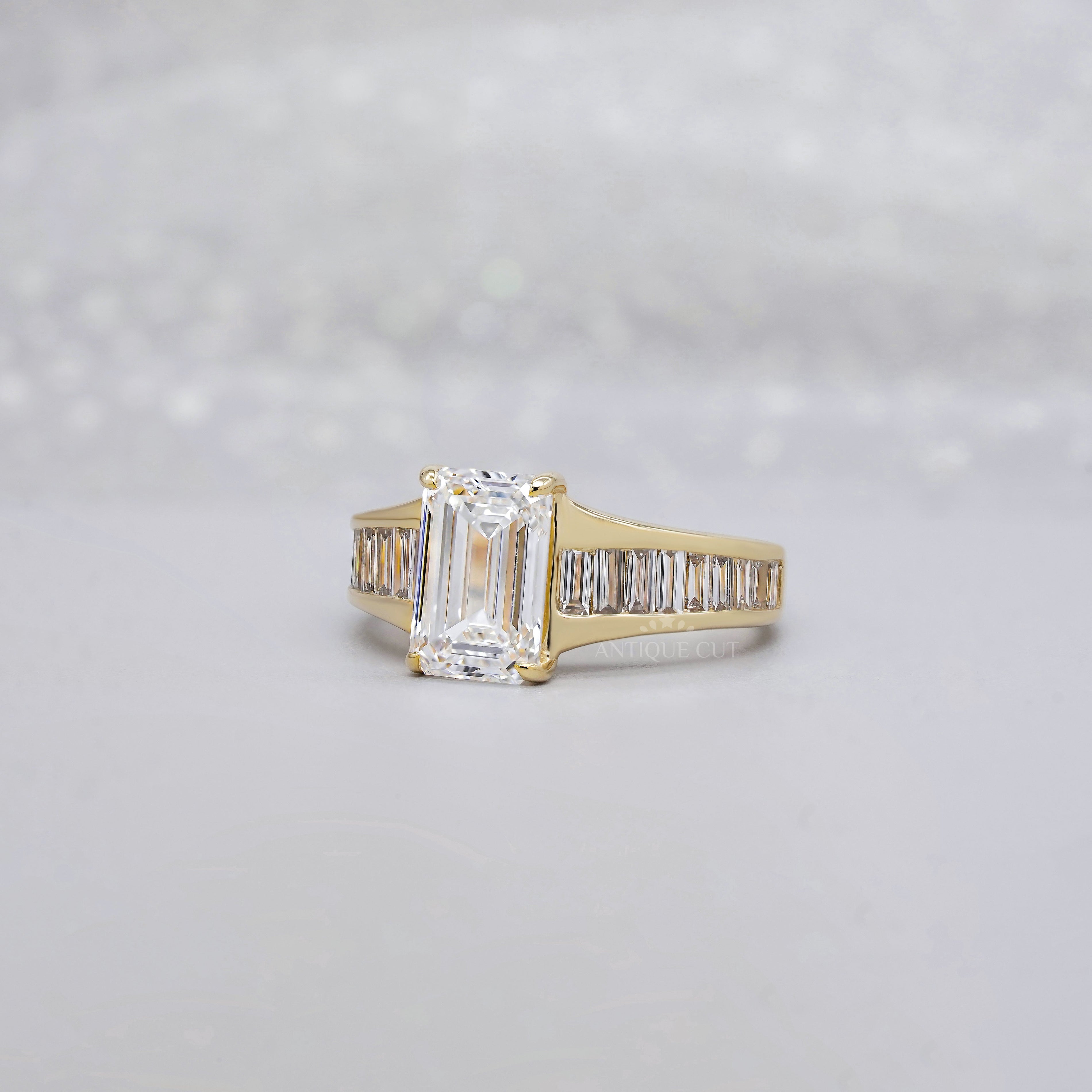 Emerald 3.20tcw Lab Diamond Engagement Ring | 2.5ct Center | Baguette Band | IGI Certified