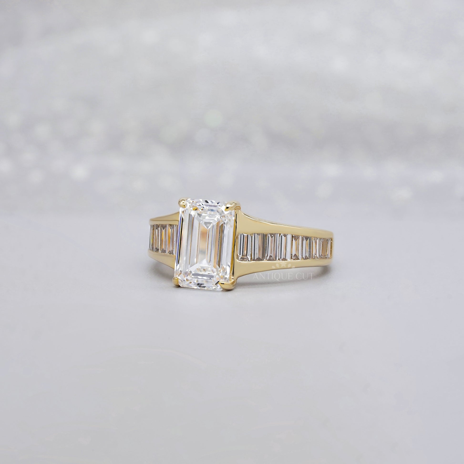 Emerald 3.20tcw Lab Diamond Engagement Ring | 2.5ct Center | Baguette Band | IGI Certified