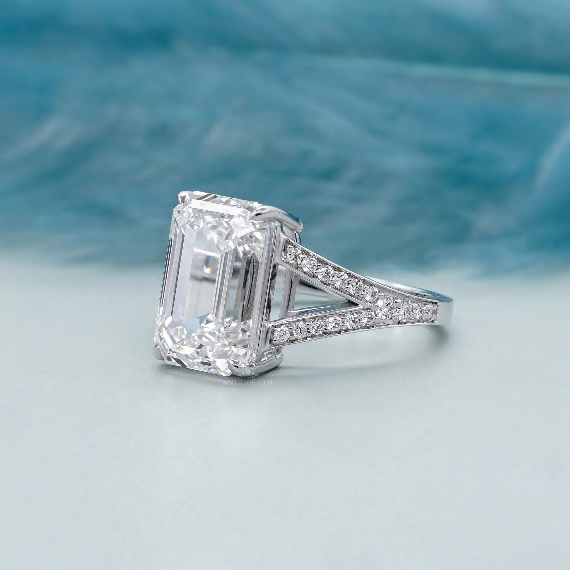 Emerald Cut 7.50tcw Lab Grown Diamond  Pavé Split Shank Engagement Ring | IGI Certified